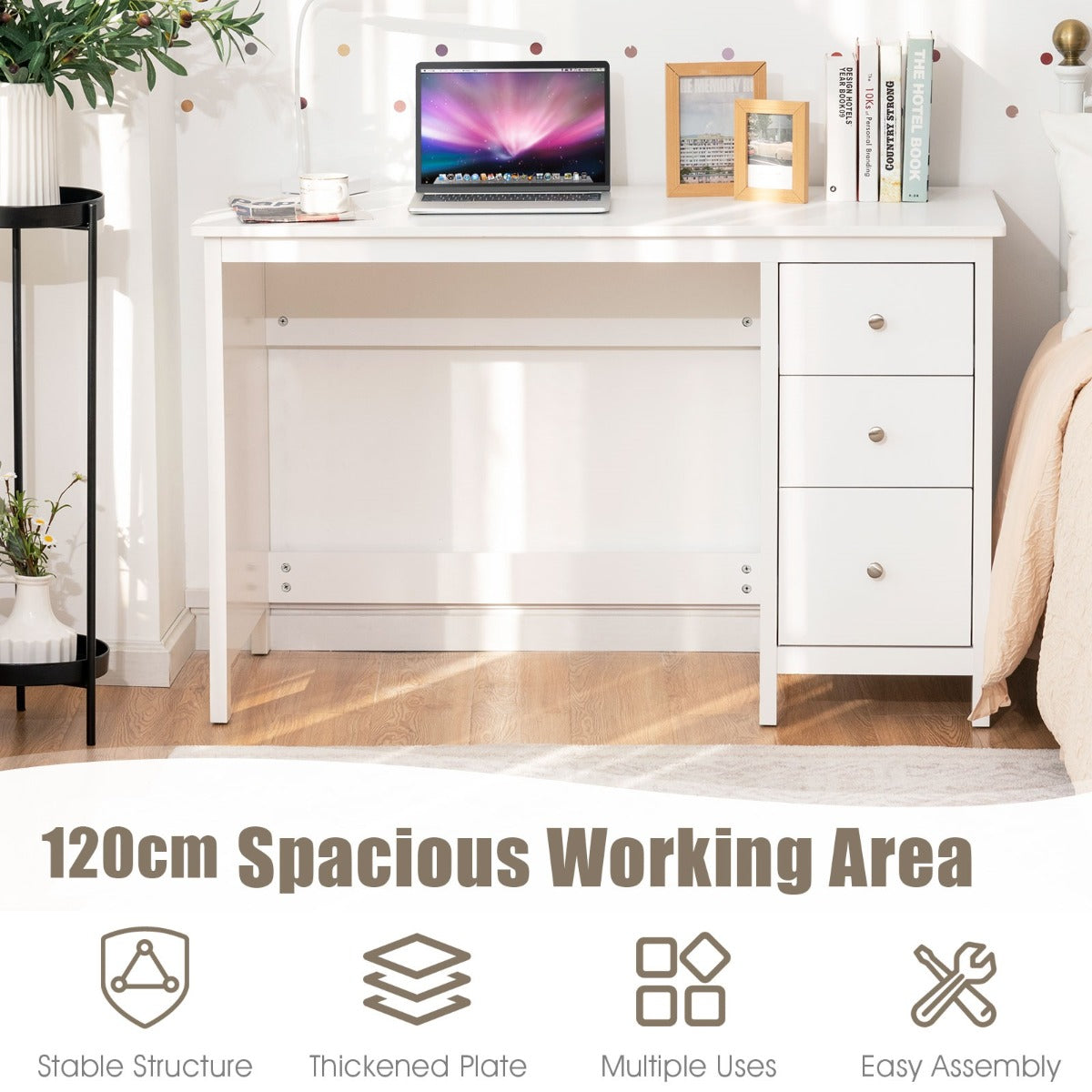 LIVSK Multifunctionele Werktafel - Ruim Werkblad - 3 Opberglades - Duurzaam MDF - Veiligheidsvoorzieningen - 120 x 50 x 75 cm -