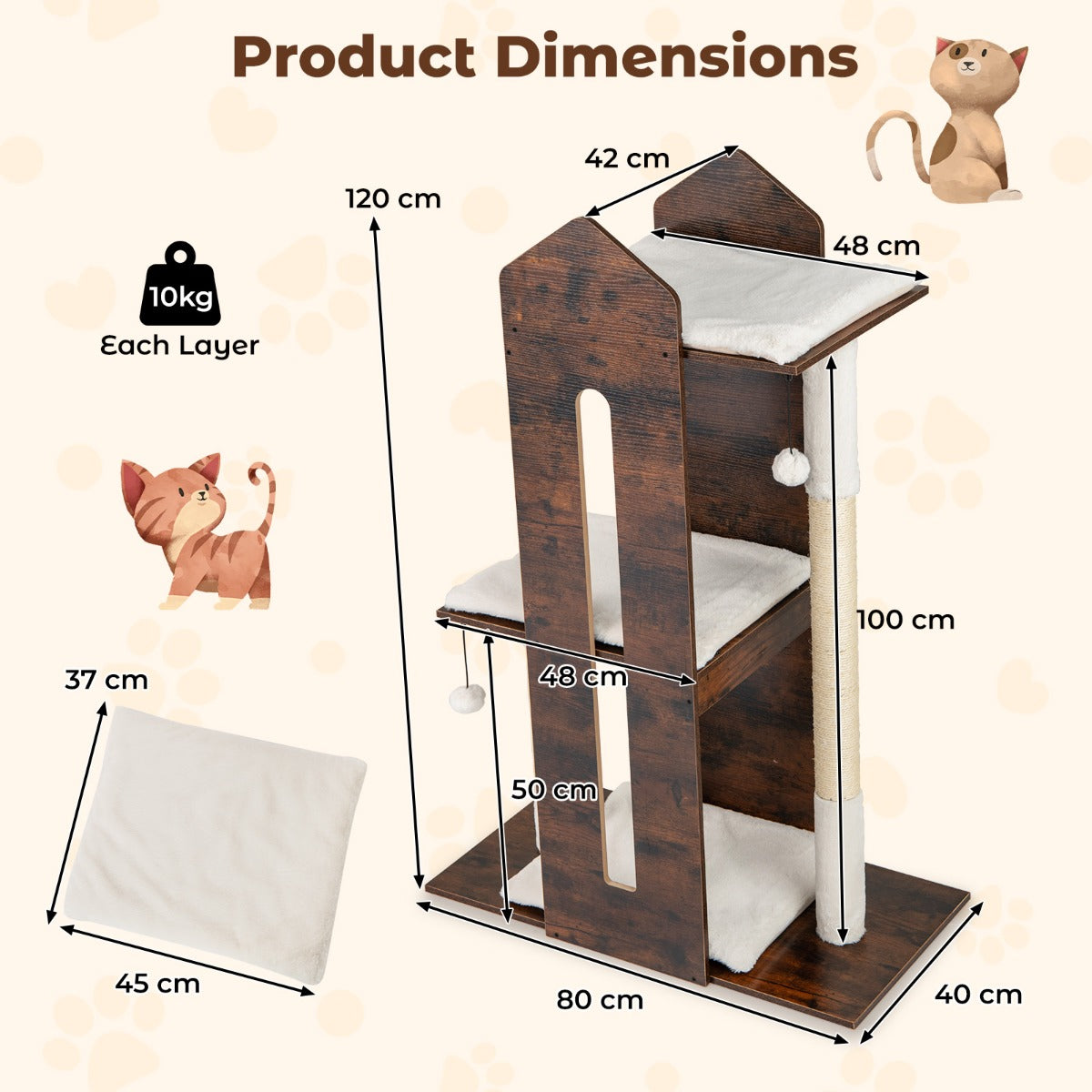 Livsk costway 120 cm hoge houten krabpaal voor katten krabpaal met meerdere niveaus voor huisdieren 2