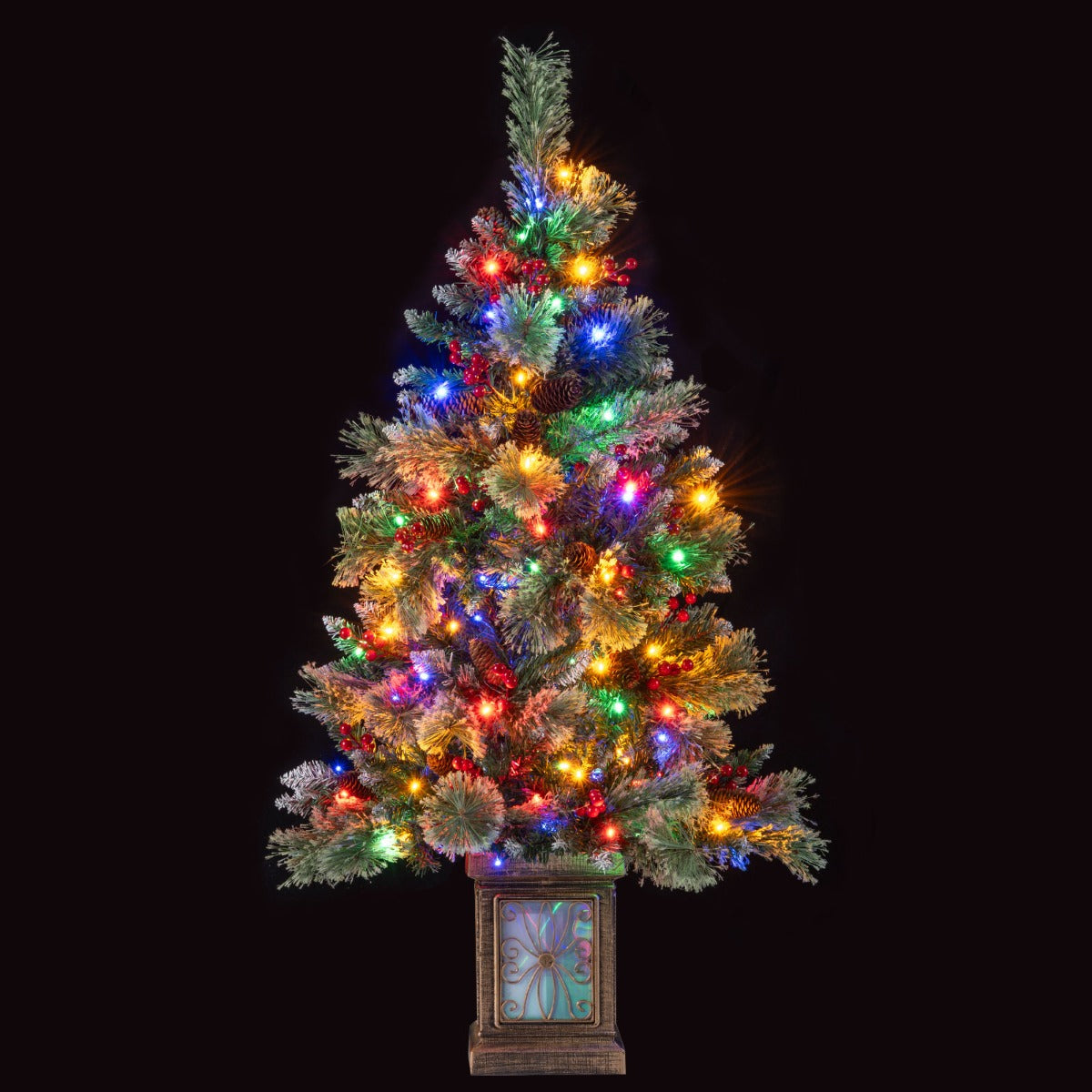 Livsk costway 120 cm kunstkerstboom in pot met 100 gekleurde led lichtjes rode bessen 1 1