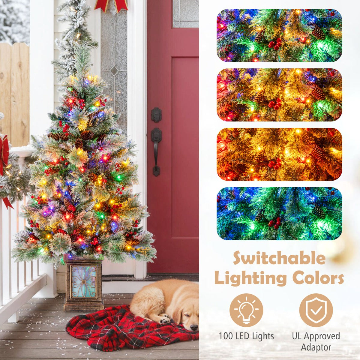 Livsk costway 120 cm kunstkerstboom in pot met 100 gekleurde led lichtjes rode bessen 4