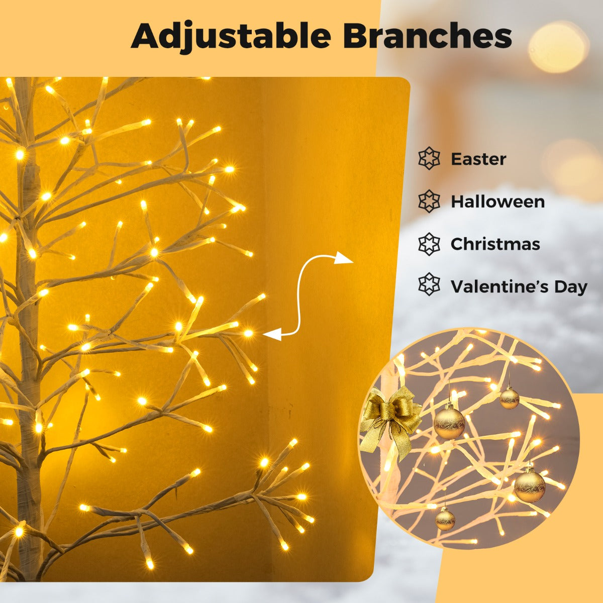 LIVSK Kunstkerstboom 120 cm - Berkenlook met Warmwitte LED-lampjes - Betonnen Voet - Eenvoudige Montage - Wit