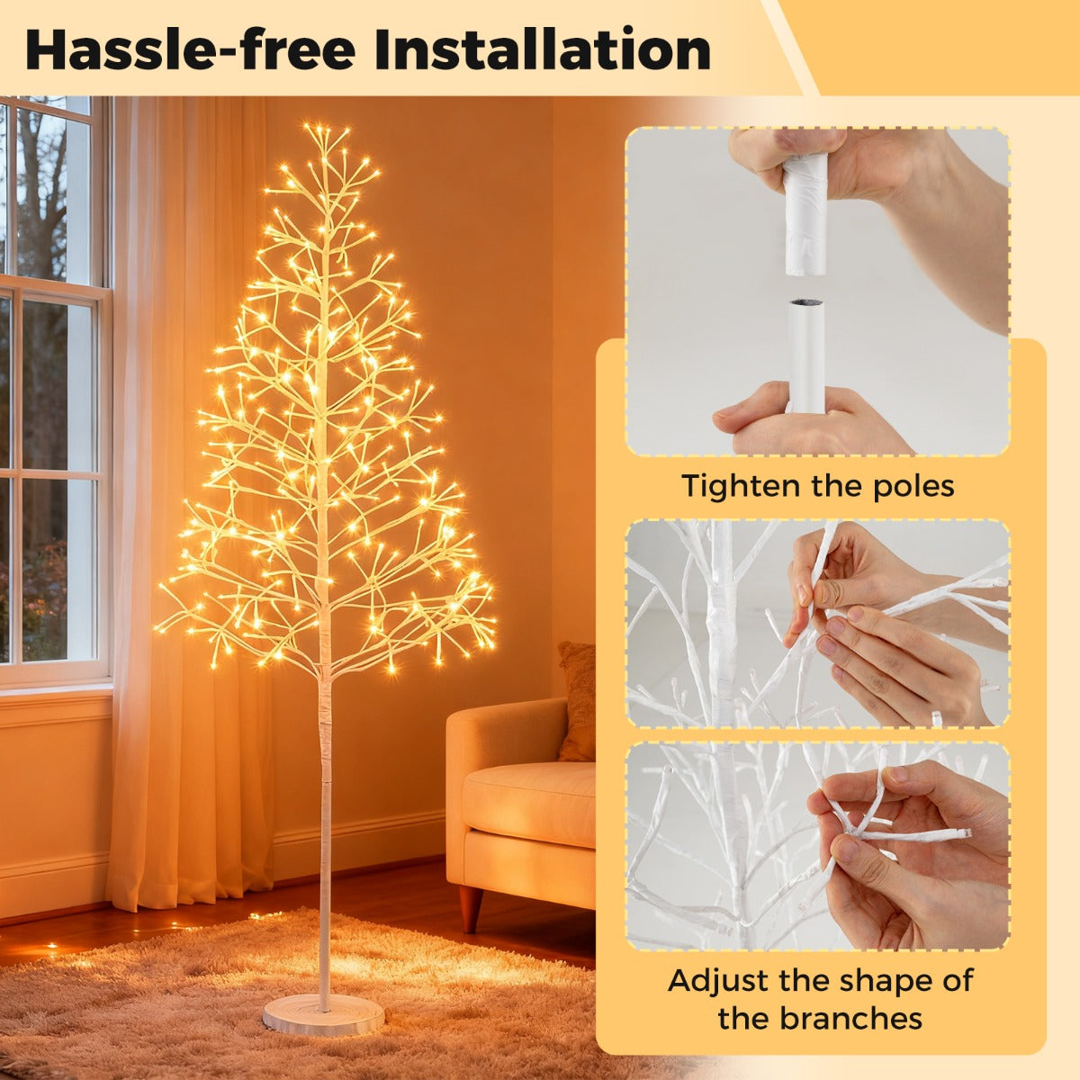 LIVSK Kunstkerstboom 120 cm - Berkenlook met Warmwitte LED-lampjes - Betonnen Voet - Eenvoudige Montage - Wit