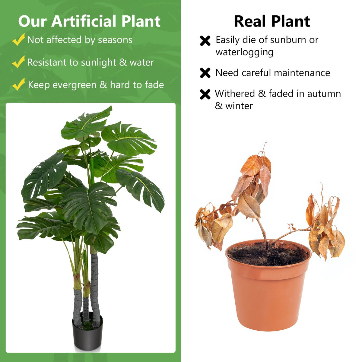 LIVSK Kunstboom Monstera Deliciosa - Realistische Bladeren - 120 cm - Geen Onderhoud - Ideaal als Housewarming Cadeau - Groen