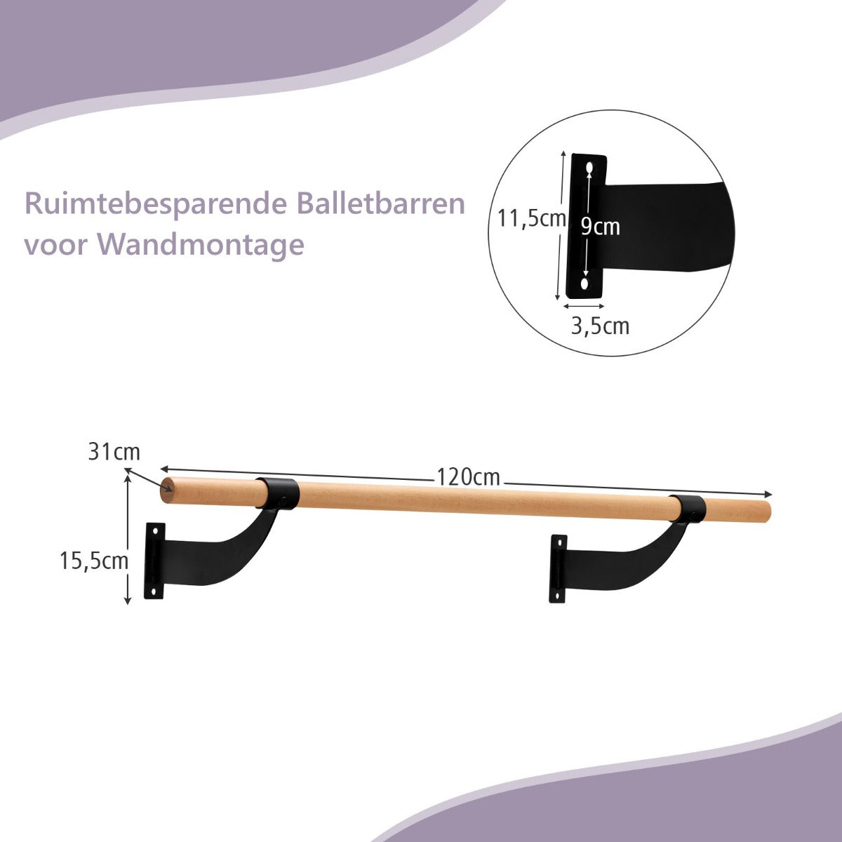 LIVSK Wandgemonteerde Balletstang - Hoogwaardig Beukenhout - Eenvoudig te Monteren - Voor Ballet en Yoga - 120 x 15,5 x 31 cm -