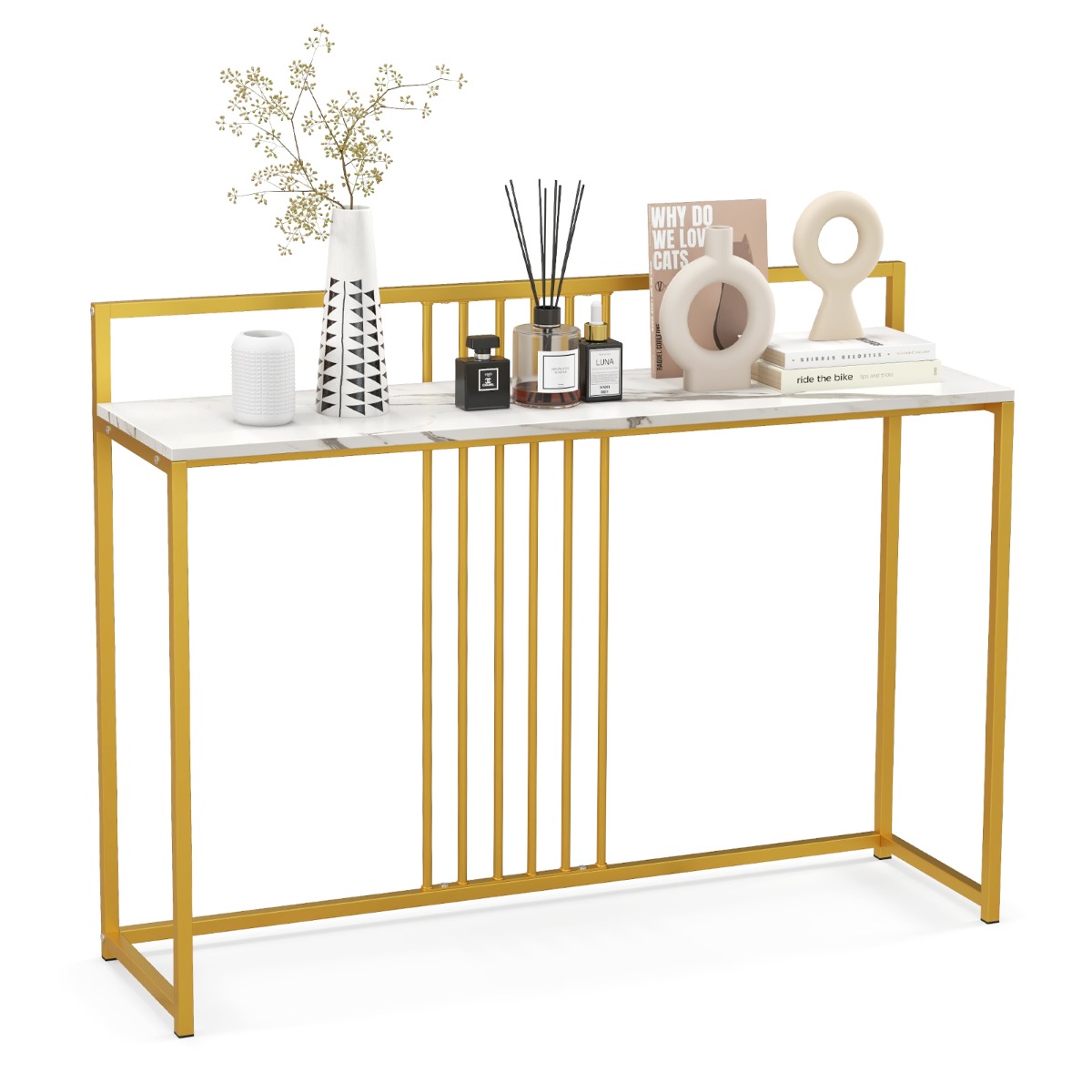 LIVSK Imitatiemarmeren Consoletafel - Brede 120 cm Blad - Gouden Metalen Poten - Anti-Kantelbeveiliging - Wit + Goud