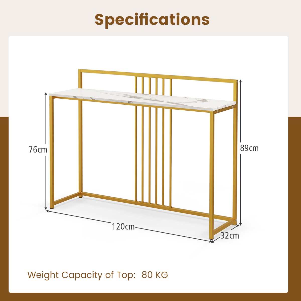LIVSK Imitatiemarmeren Consoletafel - Brede 120 cm Blad - Gouden Metalen Poten - Anti-Kantelbeveiliging - Wit + Goud