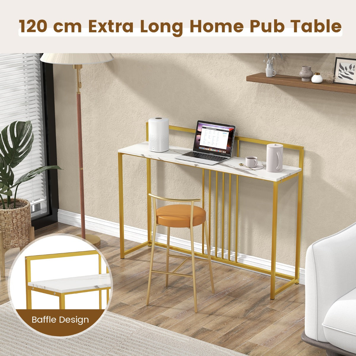 LIVSK Imitatiemarmeren Consoletafel - Brede 120 cm Blad - Gouden Metalen Poten - Anti-Kantelbeveiliging - Wit + Goud