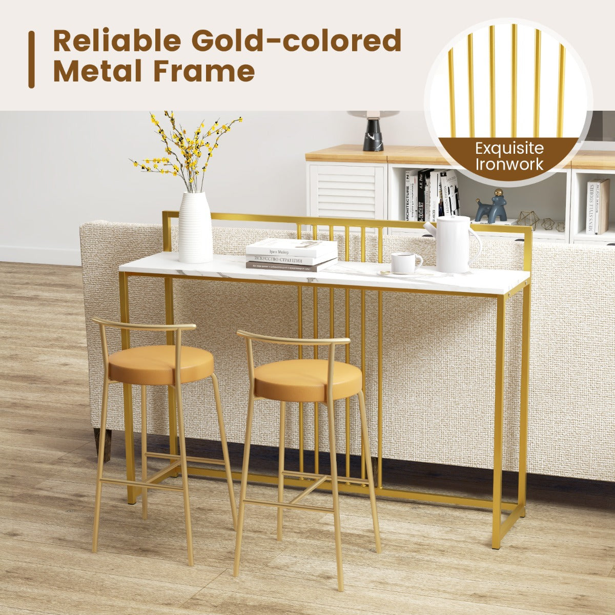 LIVSK Imitatiemarmeren Consoletafel - Brede 120 cm Blad - Gouden Metalen Poten - Anti-Kantelbeveiliging - Wit + Goud