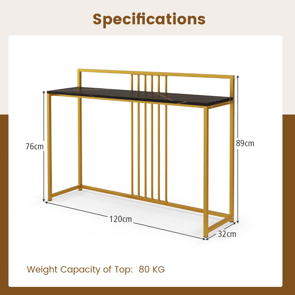LIVSK Imitatiemarmeren Consoletafel - 120 cm - Gouden Metalen Onderstel - Stevig en Veilig - Inclusief Anti-Kantelset - Zwart +