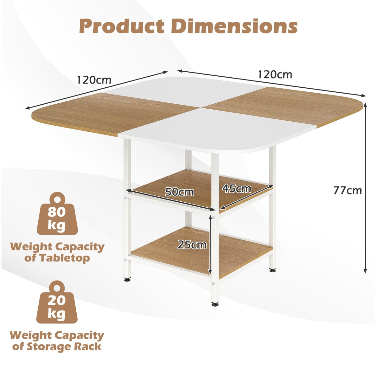 Livsk costway 120 cm moderne eettafel vierkante keukentafel met veelkleurig tafelblad 2 opbergvakken