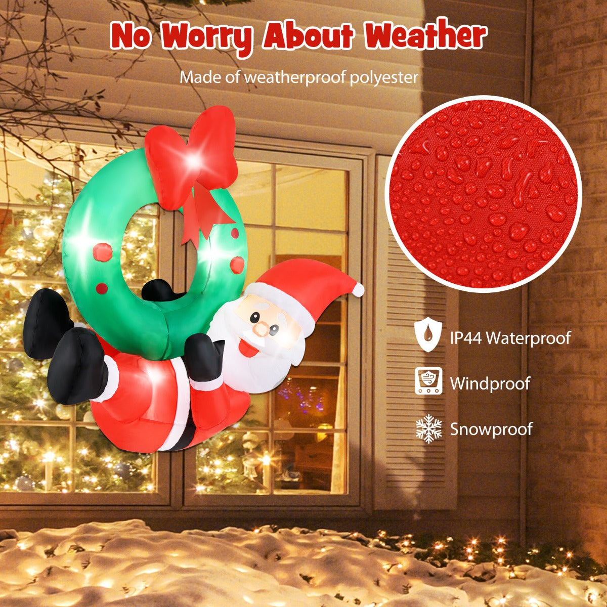 LIVSK Opblaasbare Kerstman met Verlichte Krans - 5 LED-lampjes - Weerbestendig en Eenvoudig Op te Blazen - 120 cm - Groen/Rood