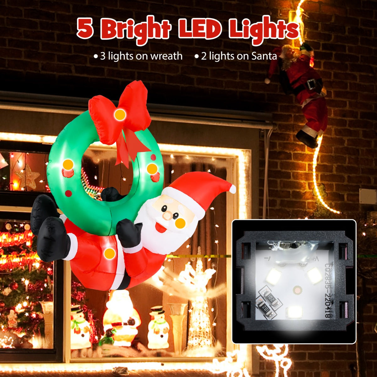 LIVSK Opblaasbare Kerstman met Verlichte Krans - 5 LED-lampjes - Weerbestendig en Eenvoudig Op te Blazen - 120 cm - Groen/Rood