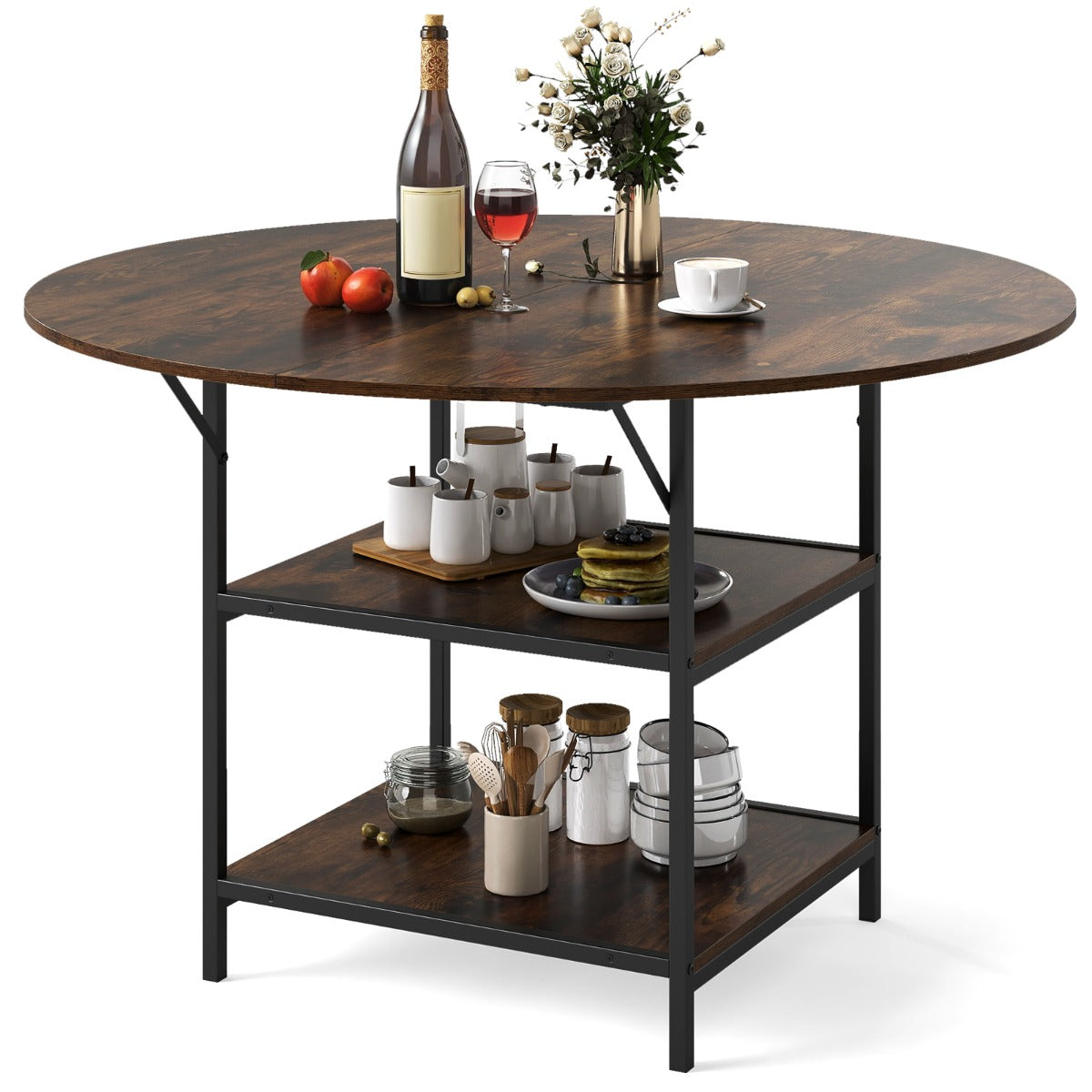 Livsk costway 120 cm ronde eettafel voor 4 6 personen landhuiskeukentafel met 2 laags open opbergvak metalen onderstel bruin