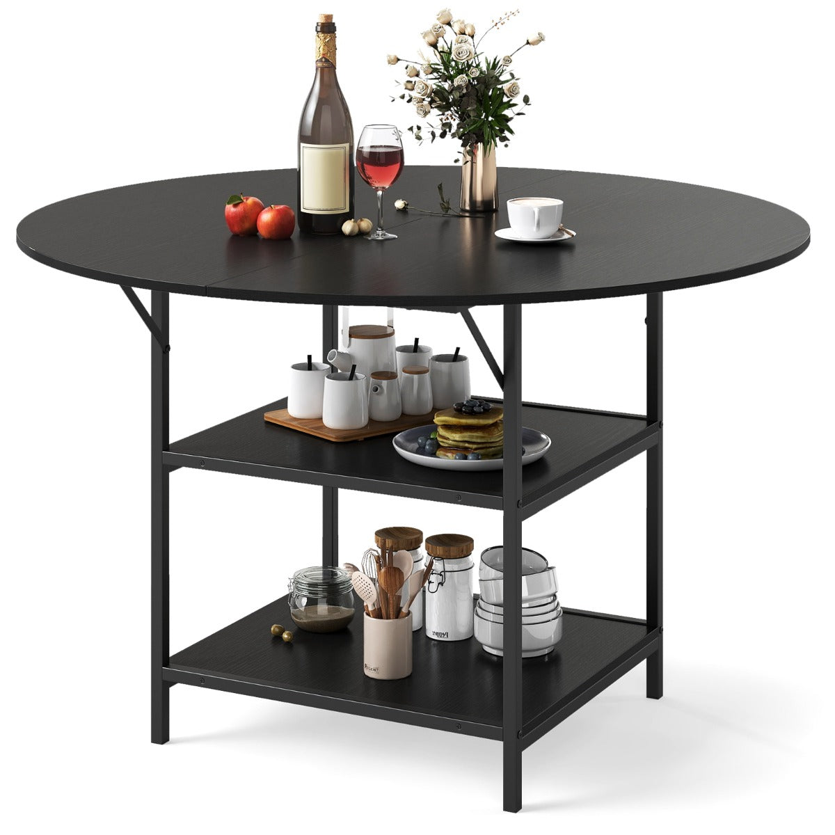 Livsk costway 120 cm ronde eettafel voor 4 6 personen landhuiskeukentafel met 2 laags open opbergvak metalen onderstel zwart