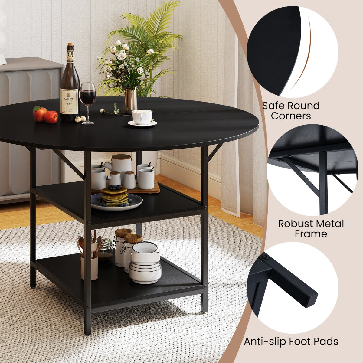Livsk costway 120 cm ronde eettafel voor 4 6 personen landhuiskeukentafel met 2 laags open opbergvak metalen onderstel zwart 3