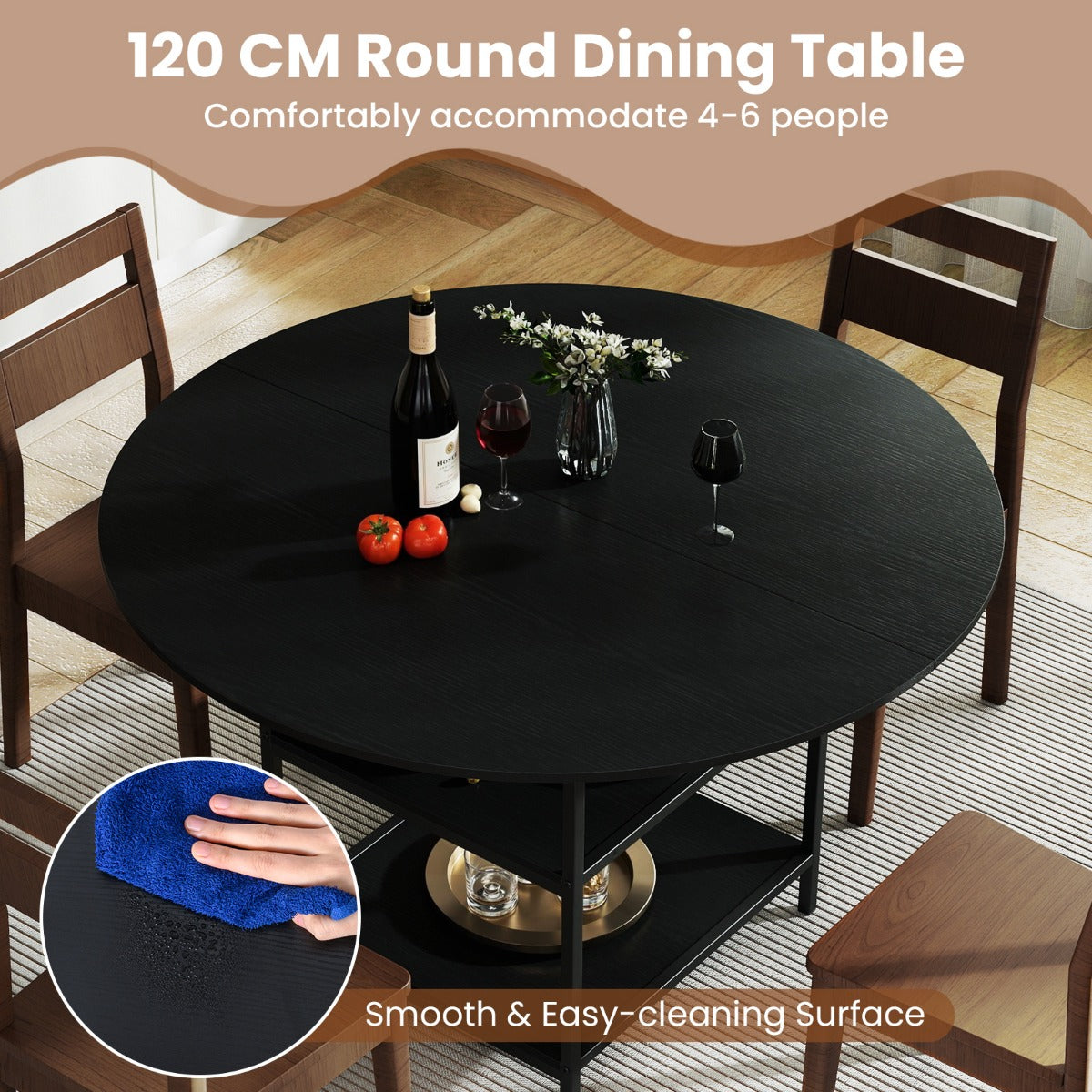 Livsk costway 120 cm ronde eettafel voor 4 6 personen landhuiskeukentafel met 2 laags open opbergvak metalen onderstel zwart 4