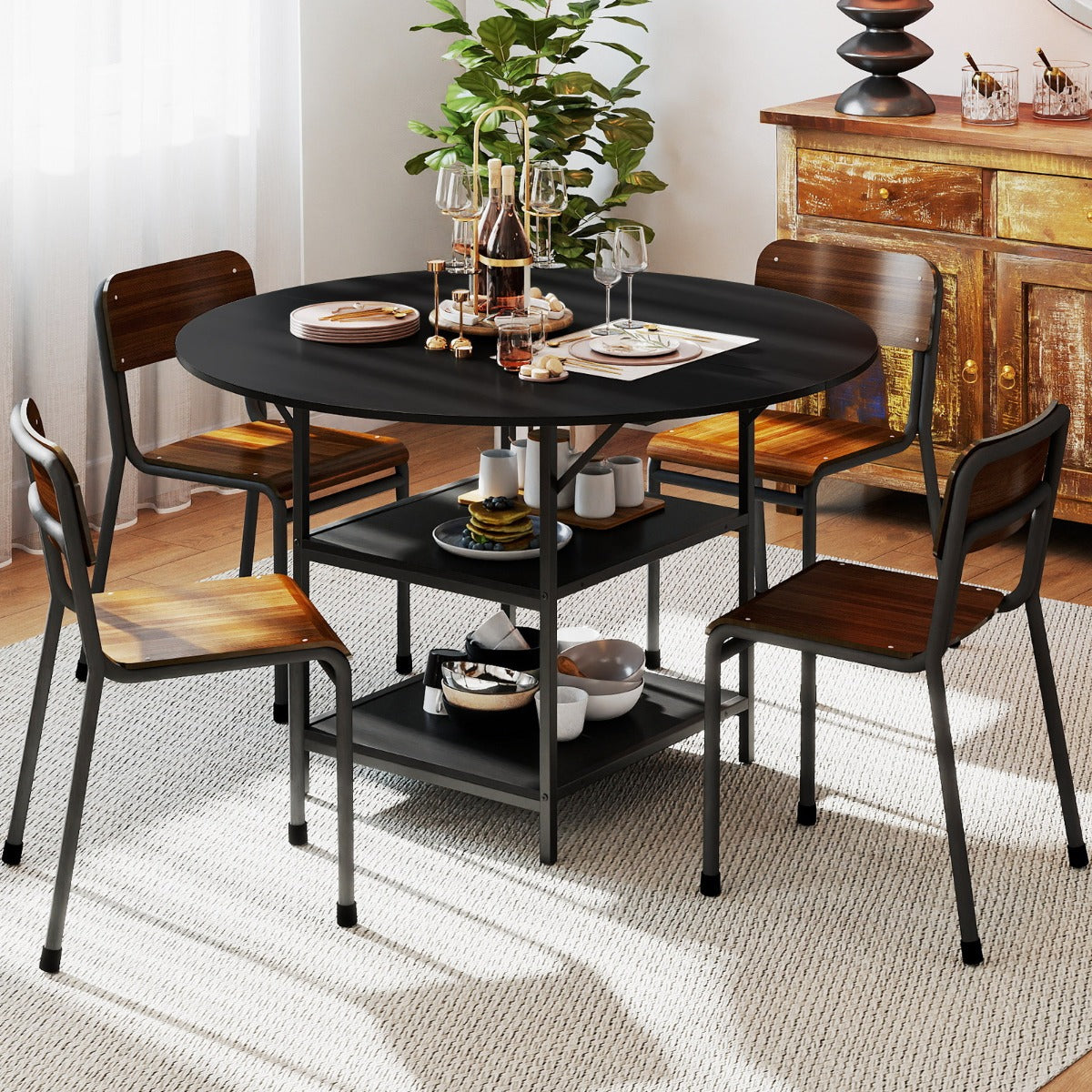Livsk costway 120 cm ronde eettafel voor 4 6 personen landhuiskeukentafel met 2 laags open opbergvak metalen onderstel zwart 6