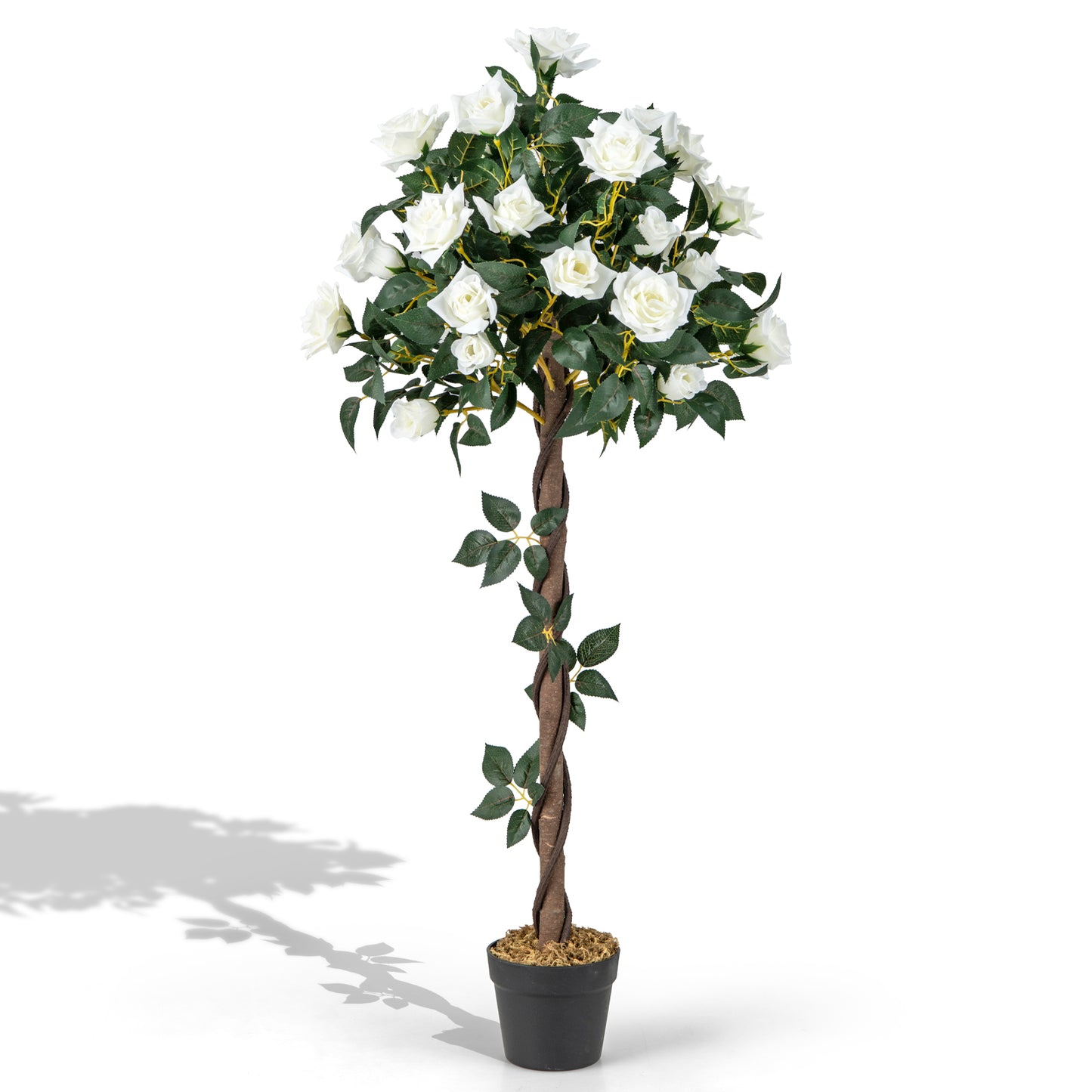 LIVSK Kunstbloemenboom - 120 cm Hoge Rozenboom - Natuurlijke Houten Stam - Onderhoudsvrij - Voor Binnen - Groen+Wit