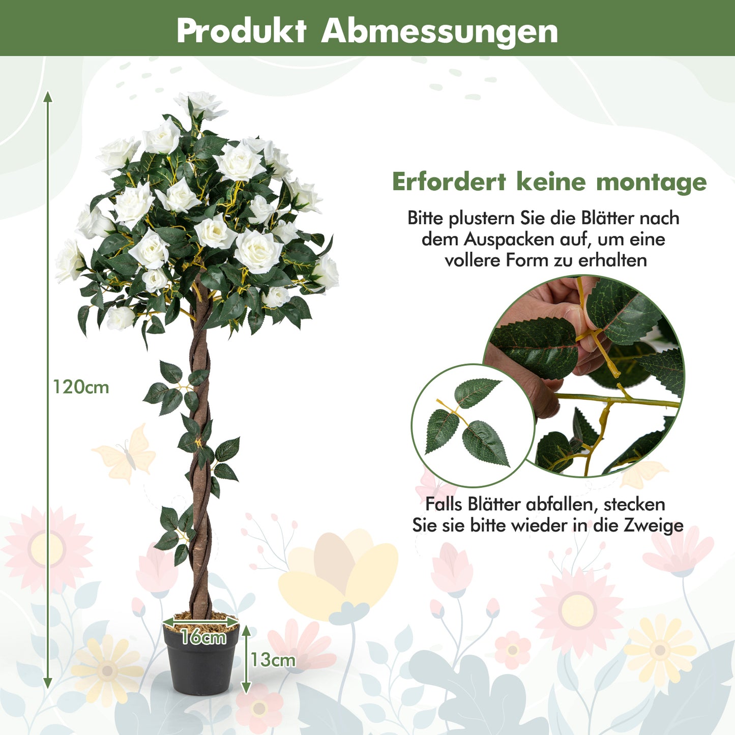 LIVSK Kunstbloemenboom - 120 cm Hoge Rozenboom - Natuurlijke Houten Stam - Onderhoudsvrij - Voor Binnen - Groen+Wit
