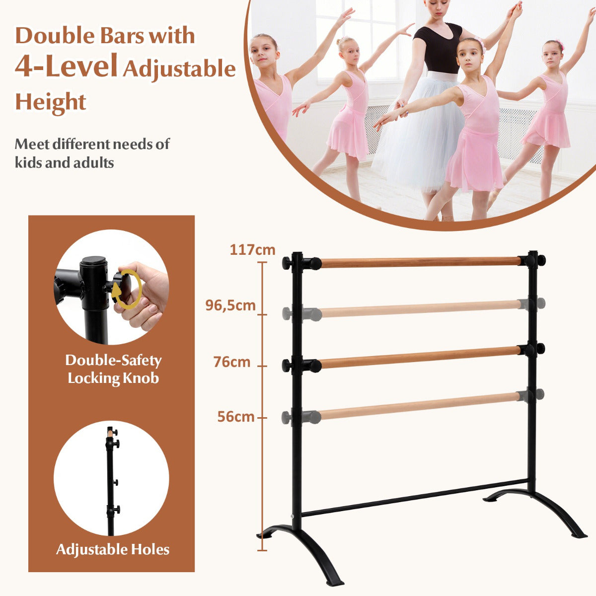 LIVSK Vrijstaande Balletbarre - Verstelbaar in 4 Hoogtes - Duurzaam Beukenhout en Metaal - Antislip - 121 x 75 x 121,5 cm - Zwart