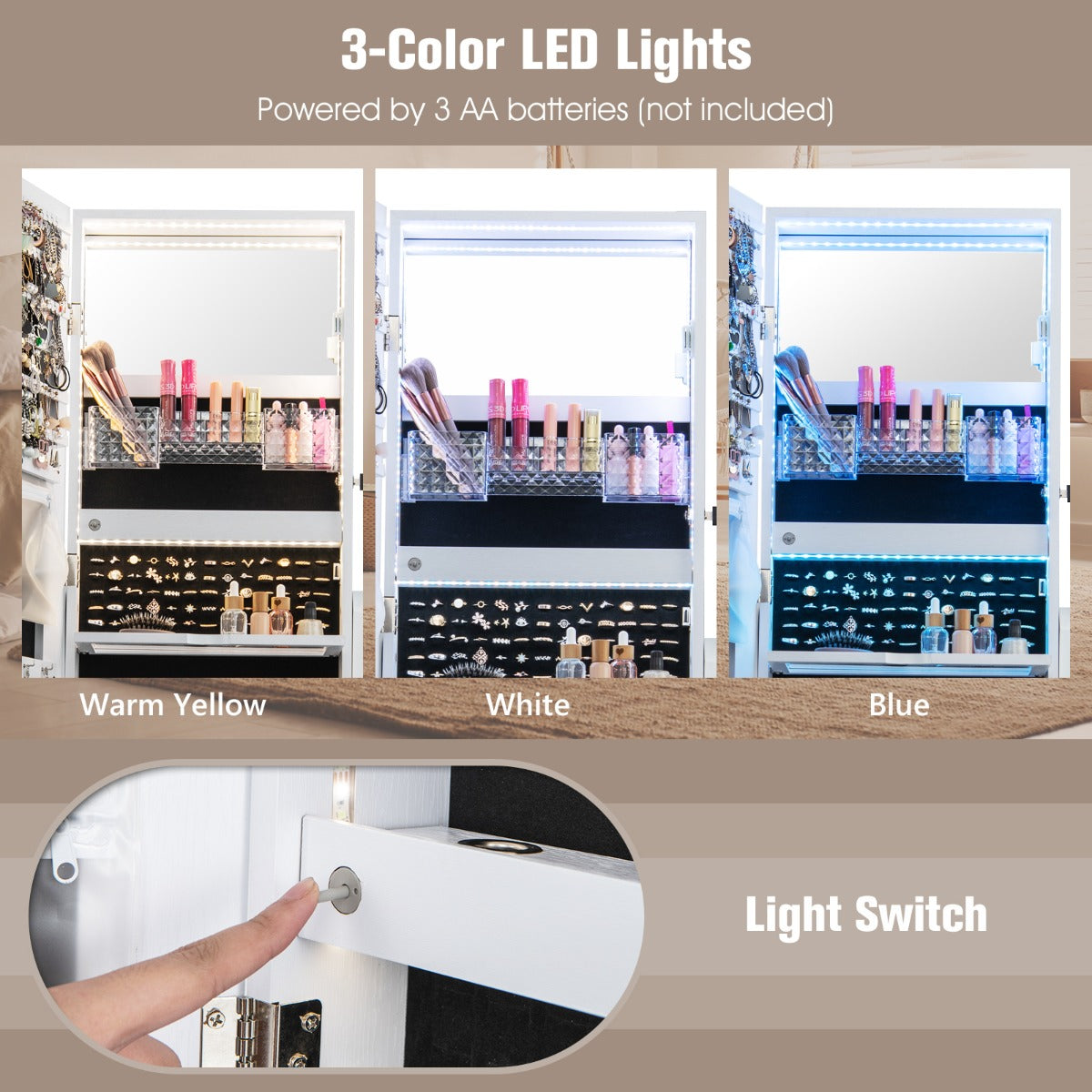 LIVSK Multifunctionele Juwelenkast met Spiegel en LED-verlichting - 3-in-1 - Verstelbare Hoek - Mobiel met Wielen - Bruin