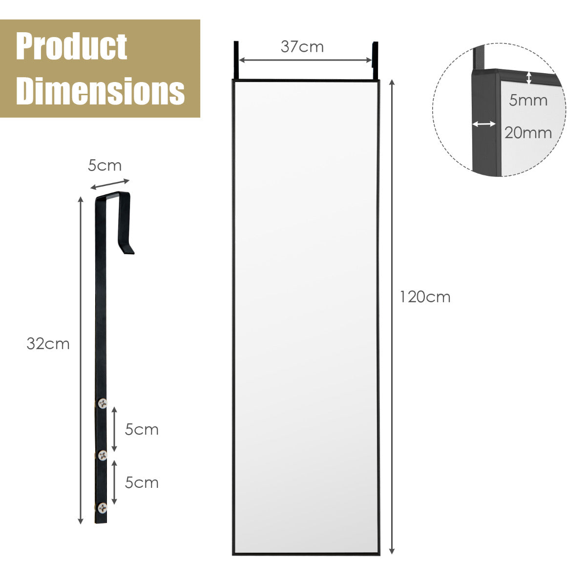 LIVSK Wandspiegel - Aluminiumlegering Frame - 2 Ophangmogelijkheden - HD Spiegel - 120 x 37 x 2 cm - Zwart