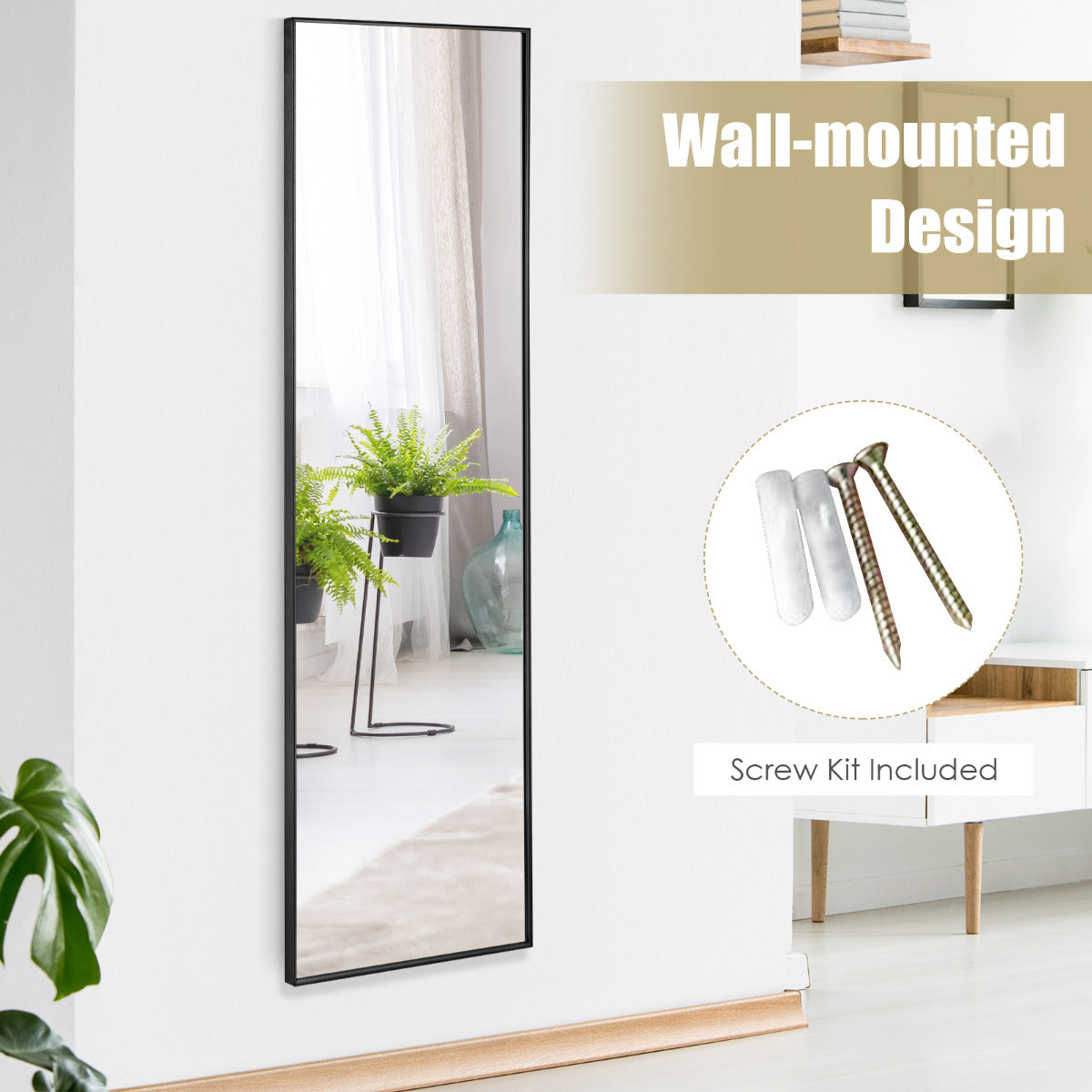 LIVSK Wandspiegel - Aluminiumlegering Frame - 2 Ophangmogelijkheden - HD Spiegel - 120 x 37 x 2 cm - Zwart