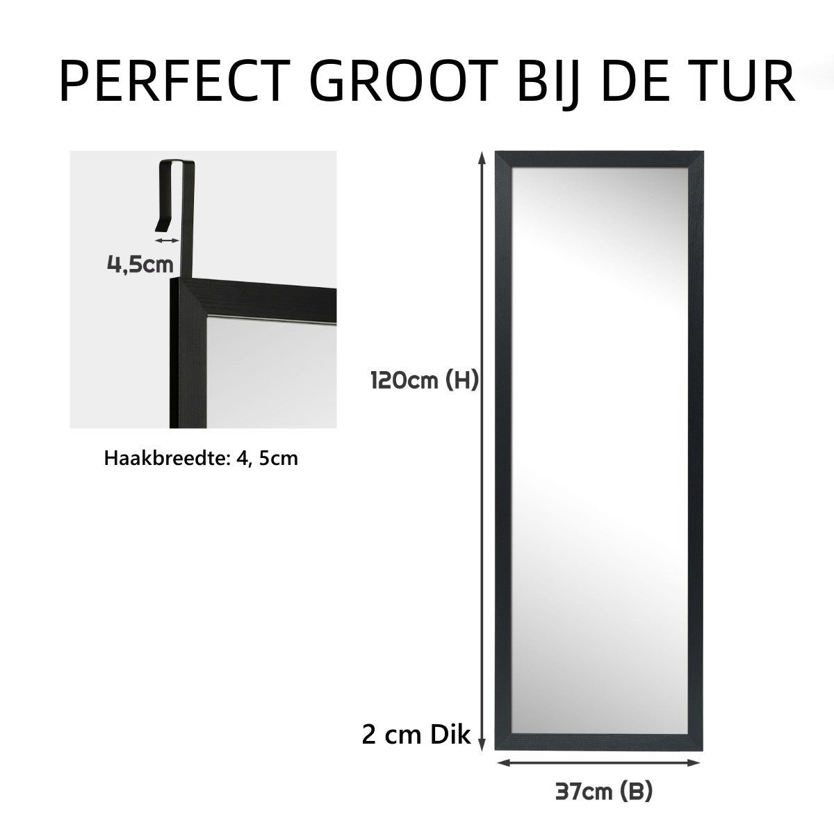 LIVSK Wand- en Deurhangspiegel 120 x 37 cm - Robuust MDF-frame - Breukvast Glas - Ruimtebesparend - Zwart