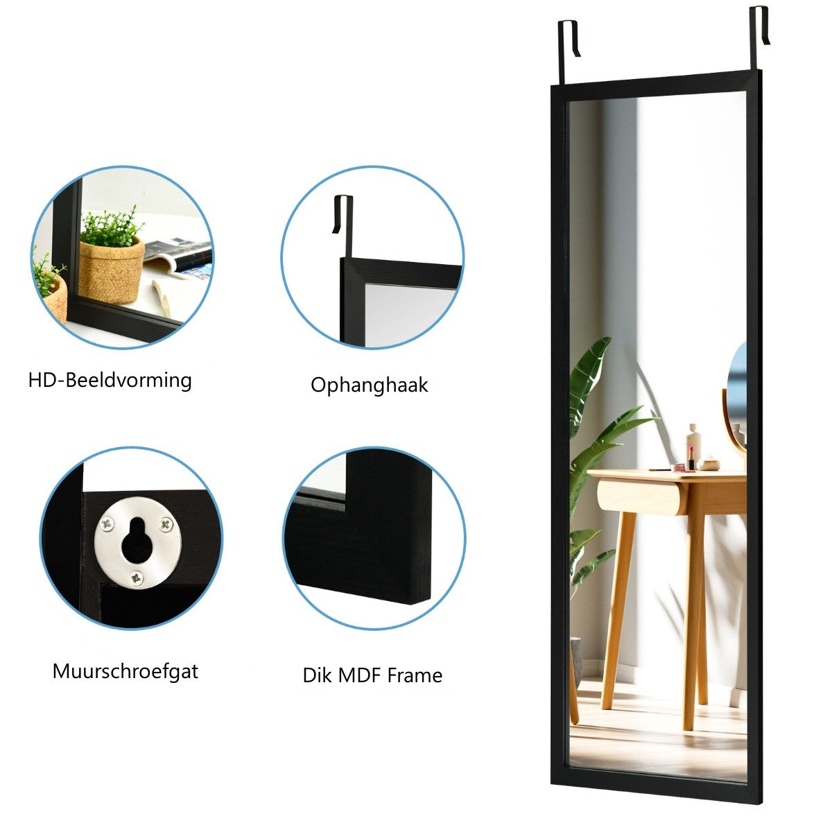 LIVSK Wand- en Deurhangspiegel 120 x 37 cm - Robuust MDF-frame - Breukvast Glas - Ruimtebesparend - Zwart