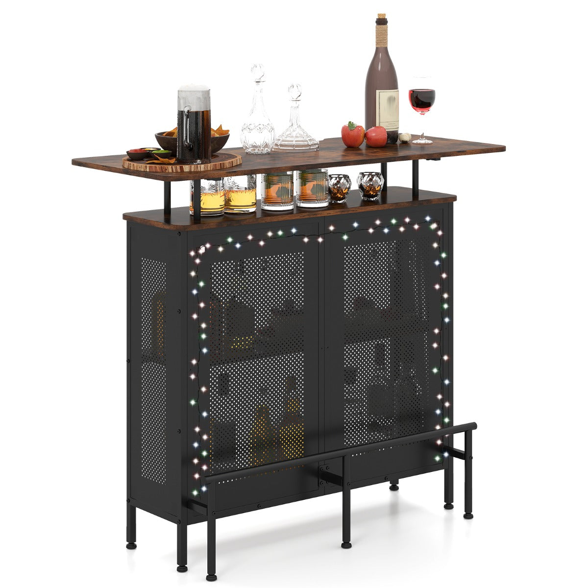 LIVSK Bartafel met Opbergruimte en Voetensteun - 4-traps Opbergsysteem - Verstelbare Poten - 120 x 50 x 106,5 cm - Zwart/Bruin