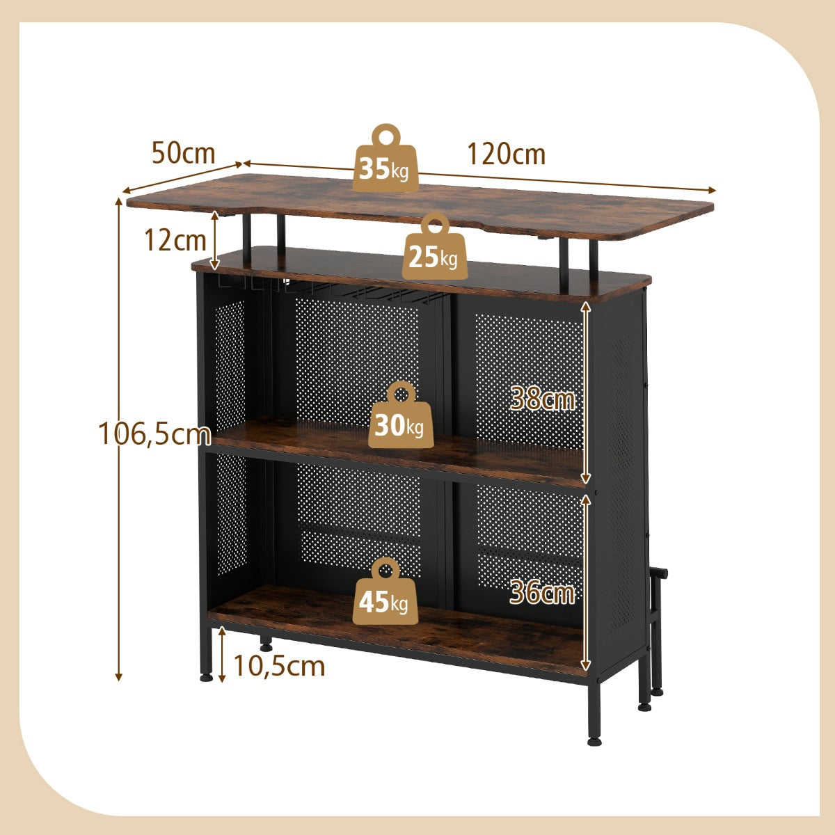LIVSK Bartafel met Opbergruimte en Voetensteun - 4-traps Opbergsysteem - Verstelbare Poten - 120 x 50 x 106,5 cm - Zwart/Bruin