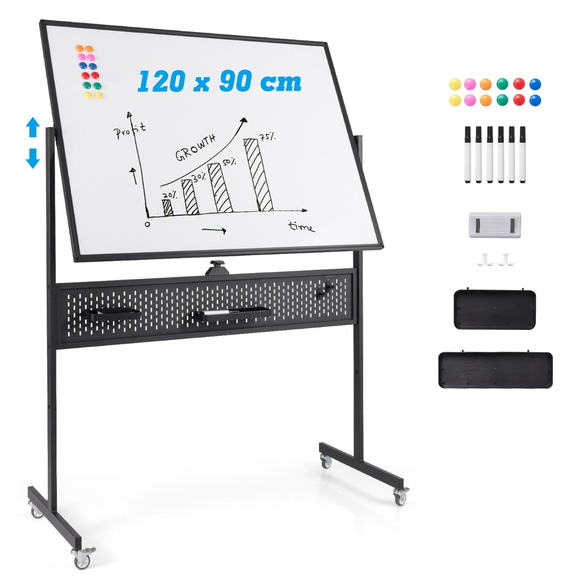 LIVSK Magnetisch Dubbelzijdig Whiteboard op Standaard 120 x 90 cm - 360° Draaibaar - Verstelbare Hoogte - Mobiel - Zwart/Wit