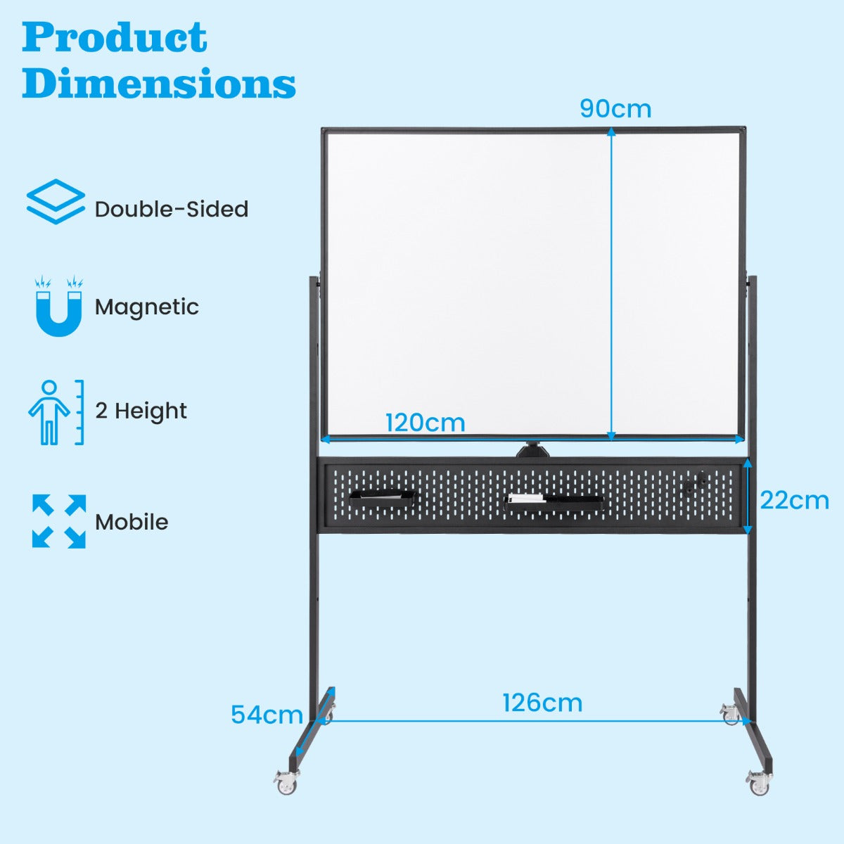 LIVSK Magnetisch Dubbelzijdig Whiteboard op Standaard 120 x 90 cm - 360° Draaibaar - Verstelbare Hoogte - Mobiel - Zwart/Wit