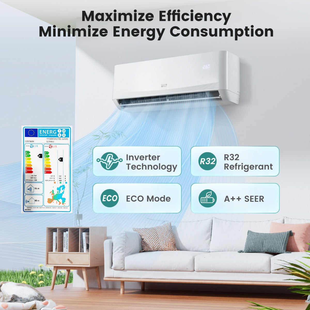 LIVSK Mini-Split Airconditioning - 12000 BTU - Koelen en Verwarmen tot 70 m² - A++ Energieklasse - Stil en Efficiënt - Wit