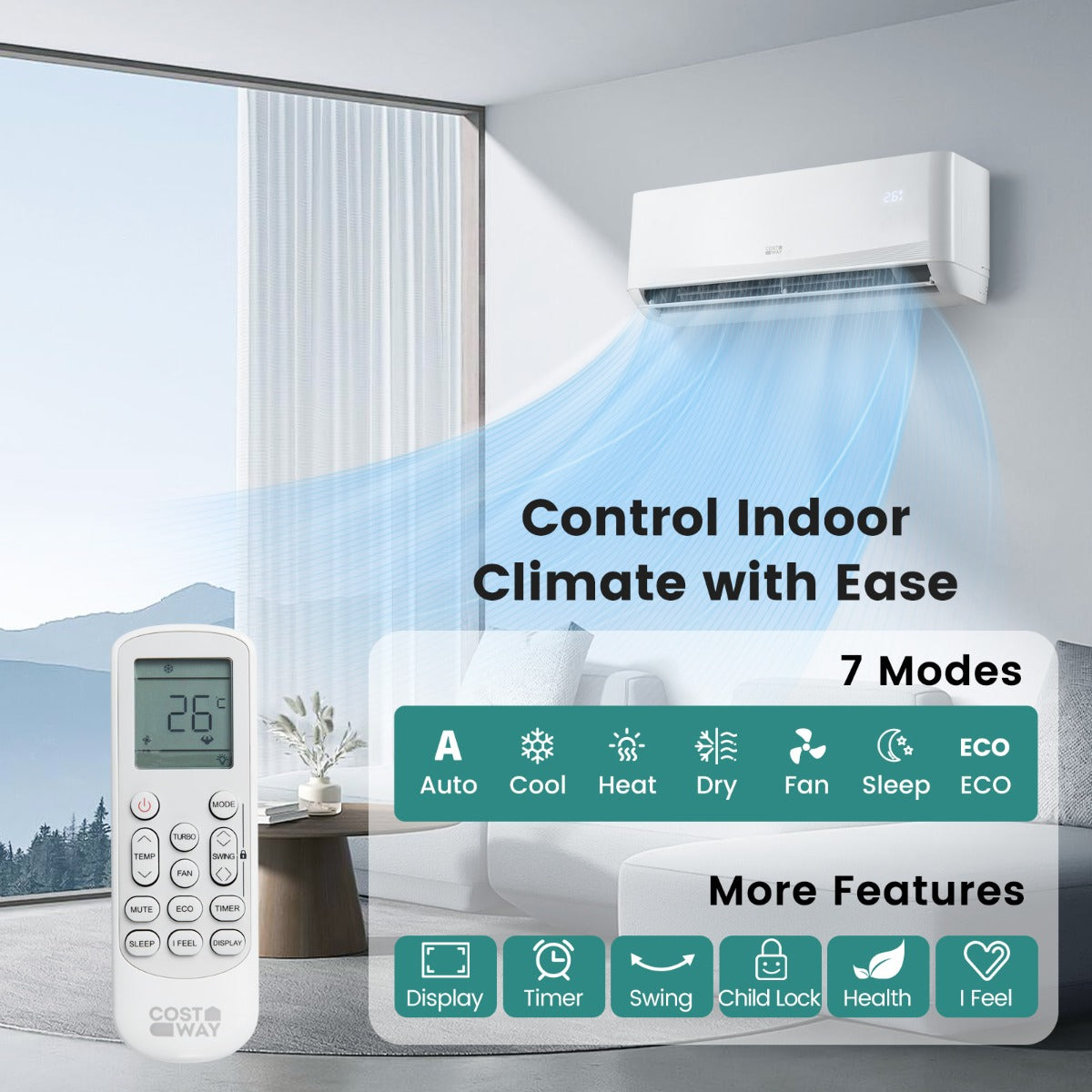 LIVSK Mini-Split Airconditioning - 12000 BTU - Koelen en Verwarmen tot 70 m² - A++ Energieklasse - Stil en Efficiënt - Wit