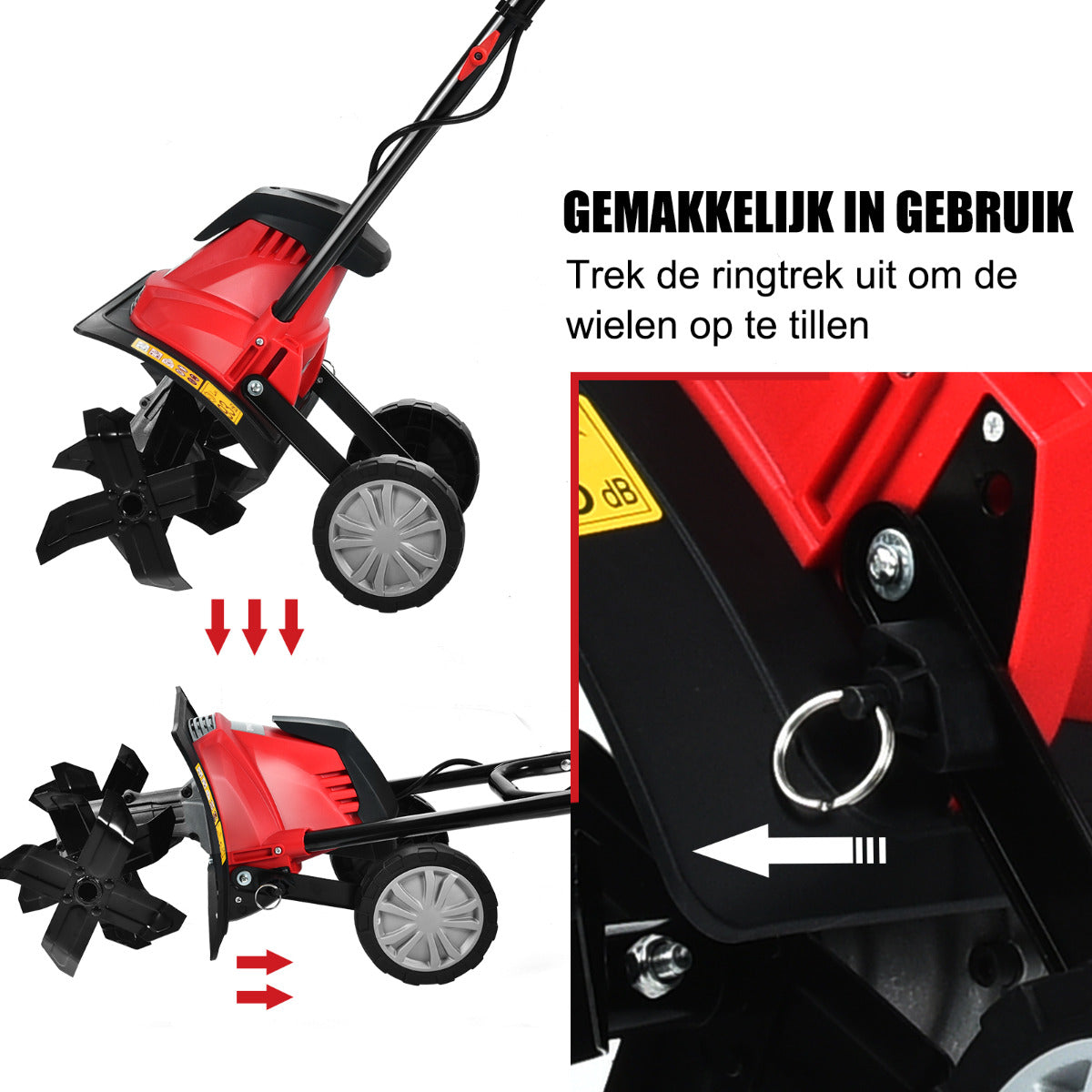 LIVSK Elektrische Helmstok Cultivator - 10A Motor - 4 Messen - 22 cm Werkdiepte - 35 cm Werkbreedte - Opvouwbaar - Rood + Zwart