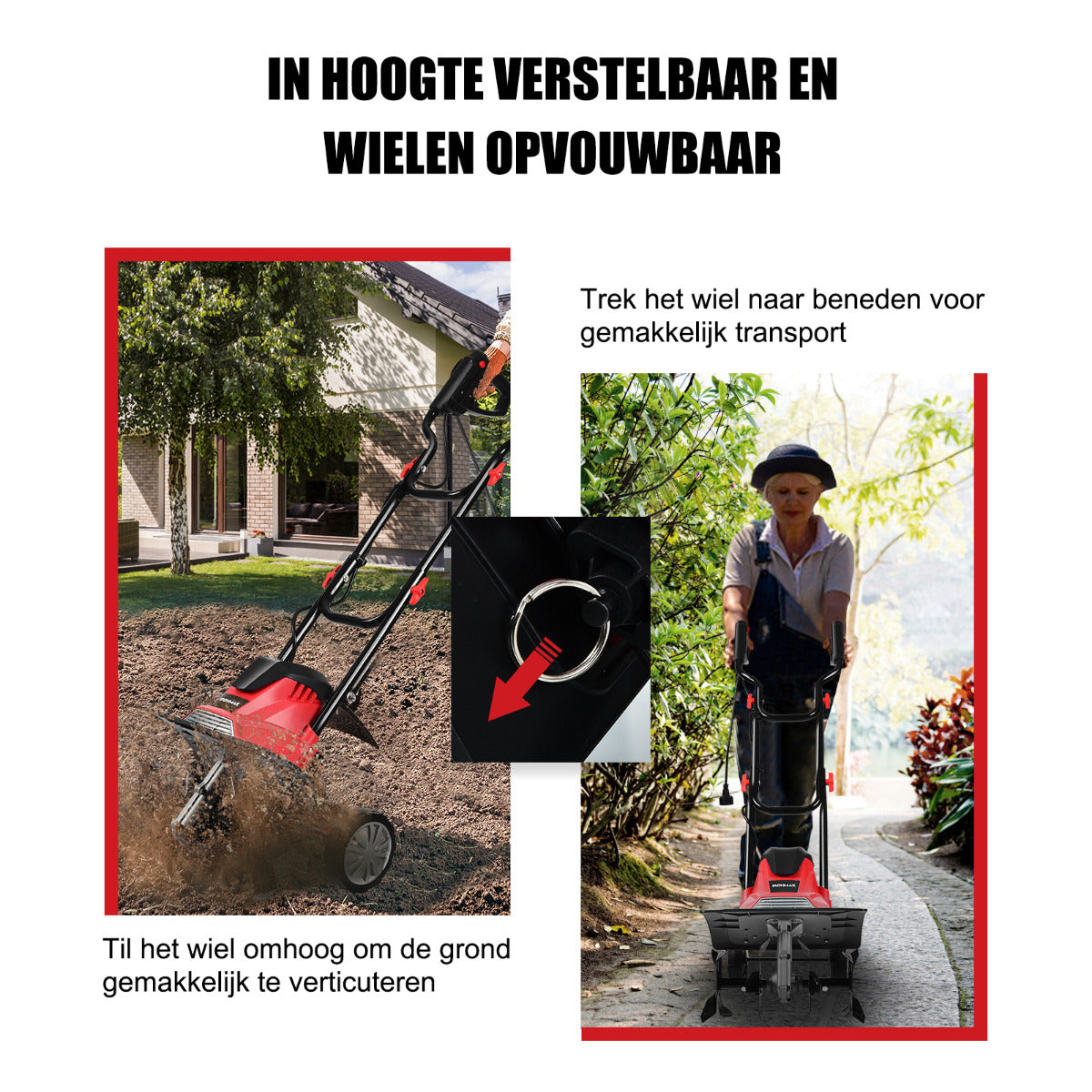 LIVSK Elektrische Helmstok Cultivator - 10A Motor - 4 Messen - 22 cm Werkdiepte - 35 cm Werkbreedte - Opvouwbaar - Rood + Zwart