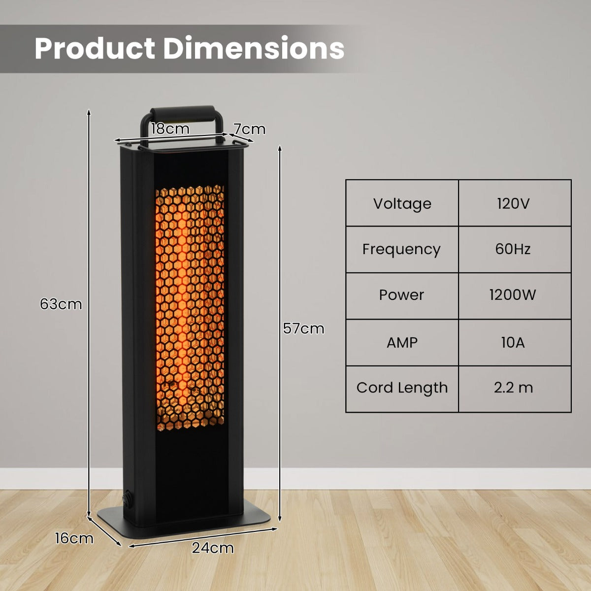 LIVSK Dubbelzijdige Terrasverwarmer - 1200W Infrarood met Koolstofvezel Buis - Waterdicht - Veilig - Aluminium - Zwart