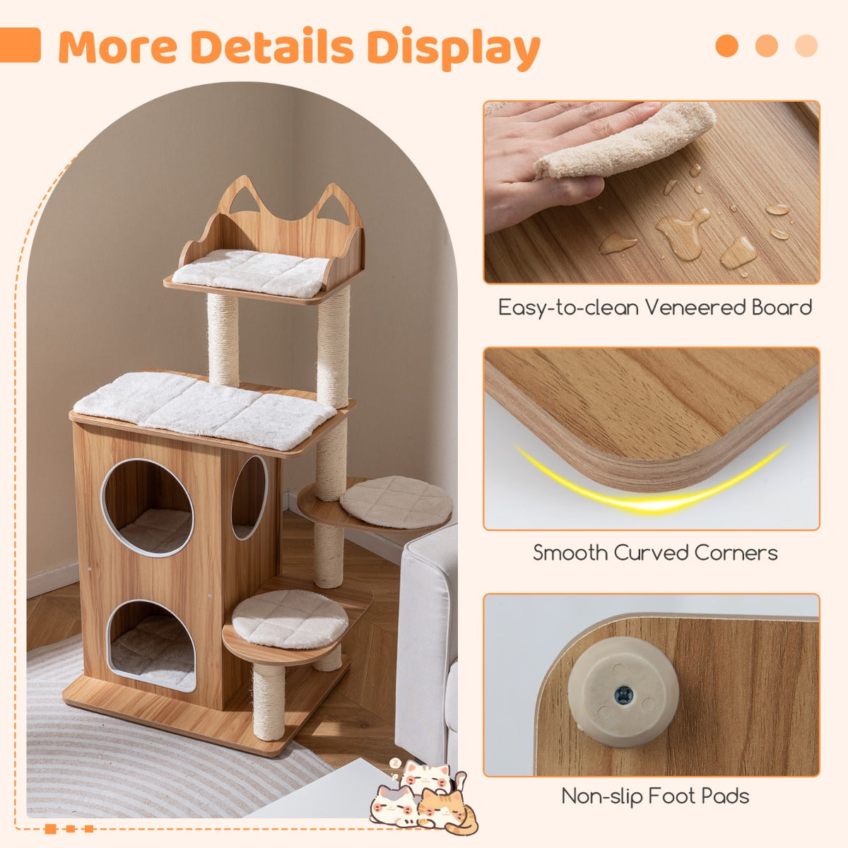 Livsk costway 122 cm hoge krabpaal van hout kattenboom met 2 verdiepingen tellende kattenhol uitkijkplatform bovenin en sisal krabpalen 6