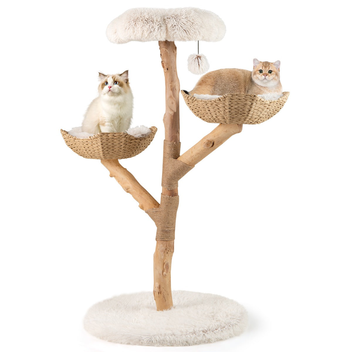 LIVSK Krabpaal met Bloemenplatform - Massief Hout - 122 cm Hoog - Gevlochten Manden met Kussens - Speels en Comfortabel - Wit