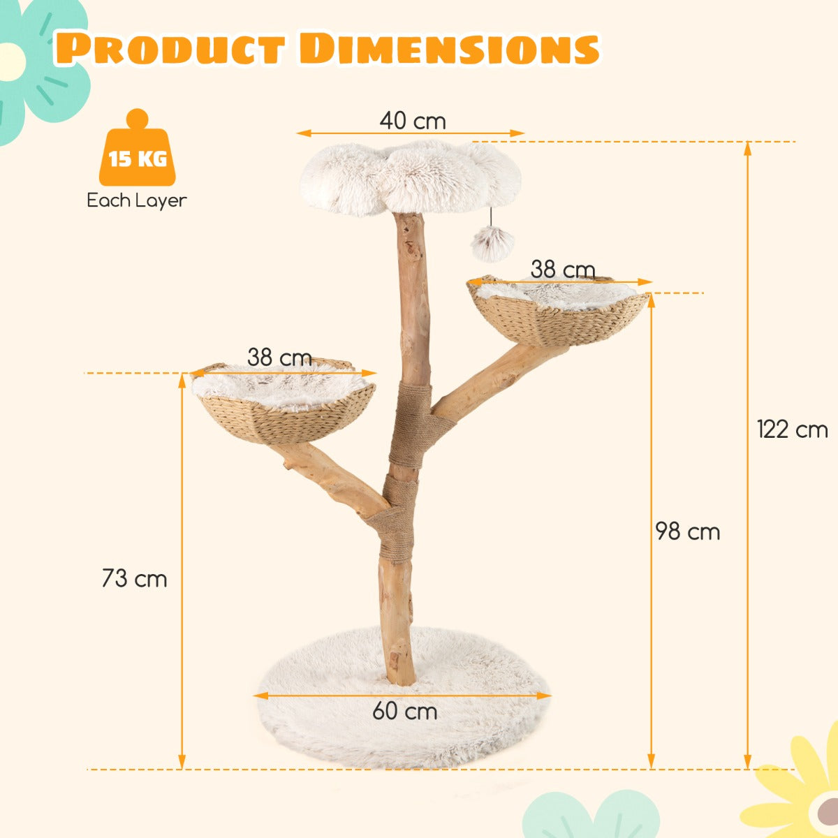 LIVSK Krabpaal met Bloemenplatform - Massief Hout - 122 cm Hoog - Gevlochten Manden met Kussens - Speels en Comfortabel - Wit