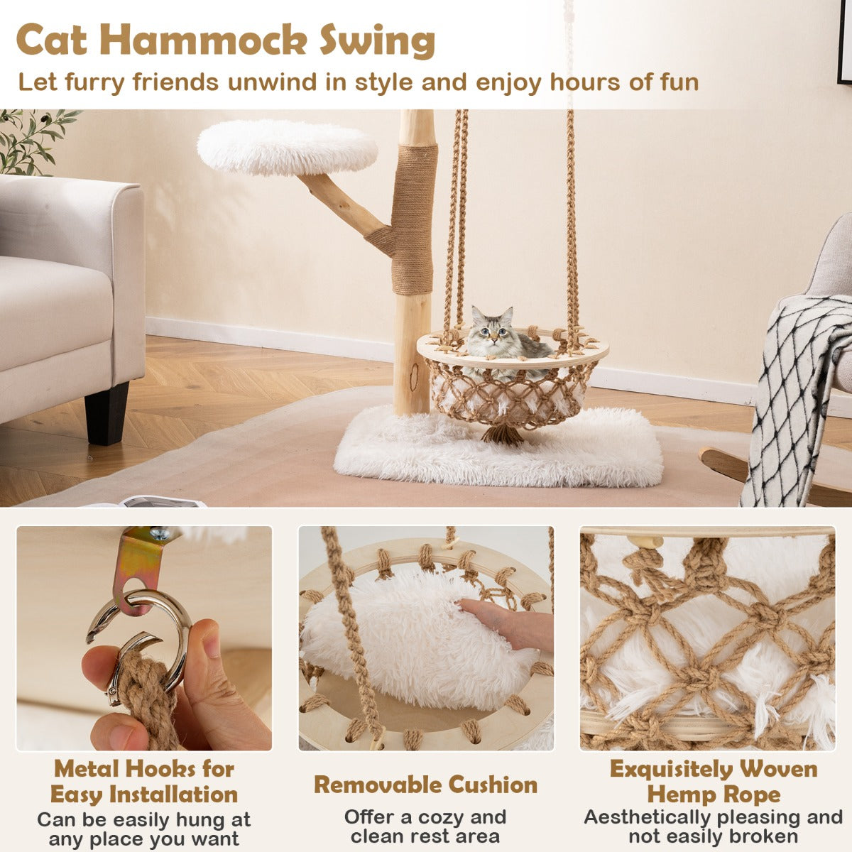 LIVSK Kattenhangmat met Hangmand en Klimtoren - Duurzaam Henneptouw - Massief Perenhout - Anti-kantel - 70 x 50 x 123 cm -