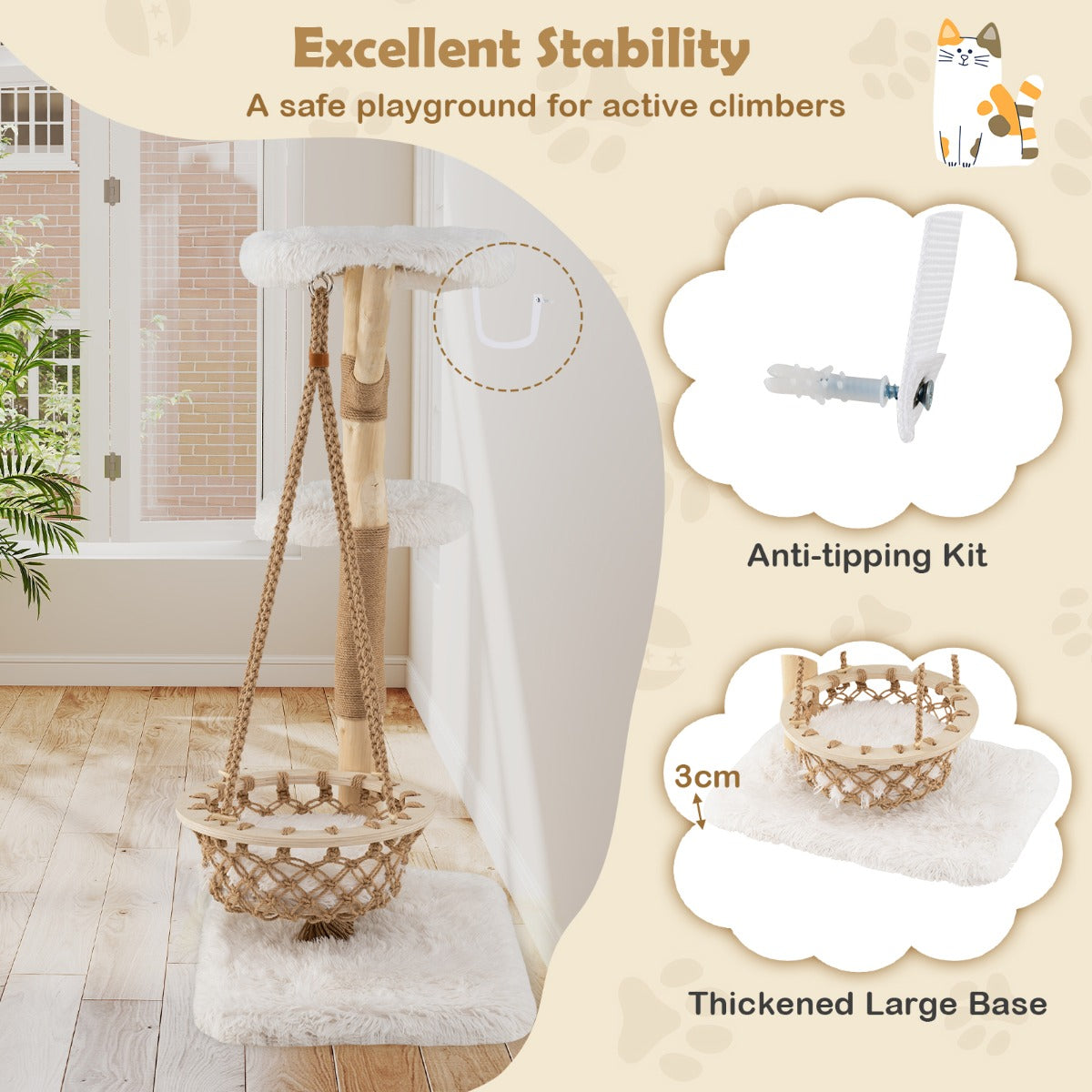 LIVSK Kattenhangmat met Hangmand en Klimtoren - Duurzaam Henneptouw - Massief Perenhout - Anti-kantel - 70 x 50 x 123 cm -