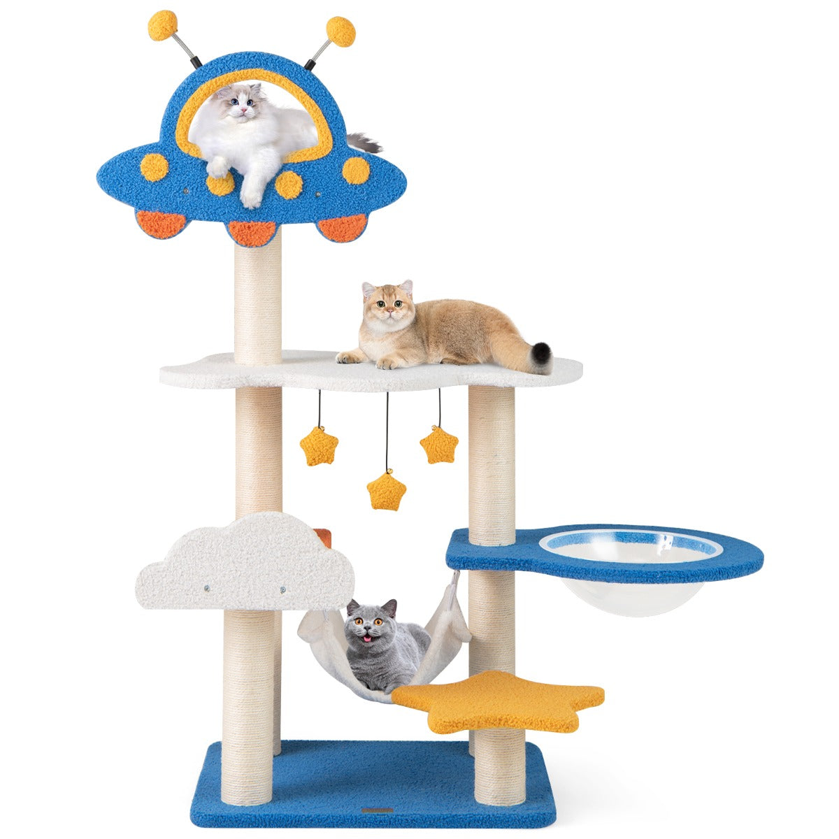 LIVSK Ruimtethema Kattenboom - 7 Niveaus met UFO-Zitstok en Sterrenplatforms - Krabpalen en Speelballen - 58 x 45 x 124 cm - Blauw