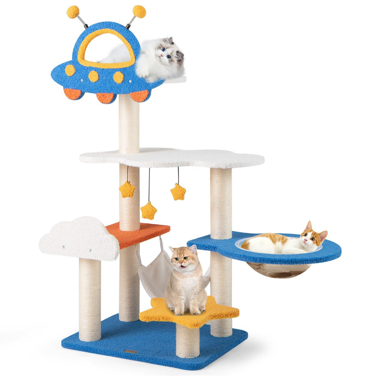 LIVSK Ruimtethema Kattenboom - 7 Niveaus met UFO-Zitstok en Sterrenplatforms - Krabpalen en Speelballen - 58 x 45 x 124 cm - Blauw