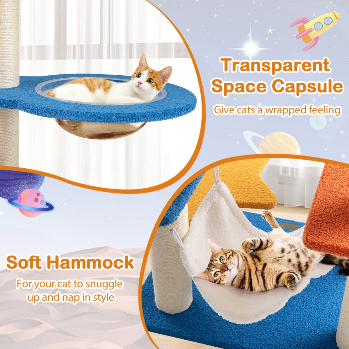 LIVSK Ruimtethema Kattenboom - 7 Niveaus met UFO-Zitstok en Sterrenplatforms - Krabpalen en Speelballen - 58 x 45 x 124 cm - Blauw