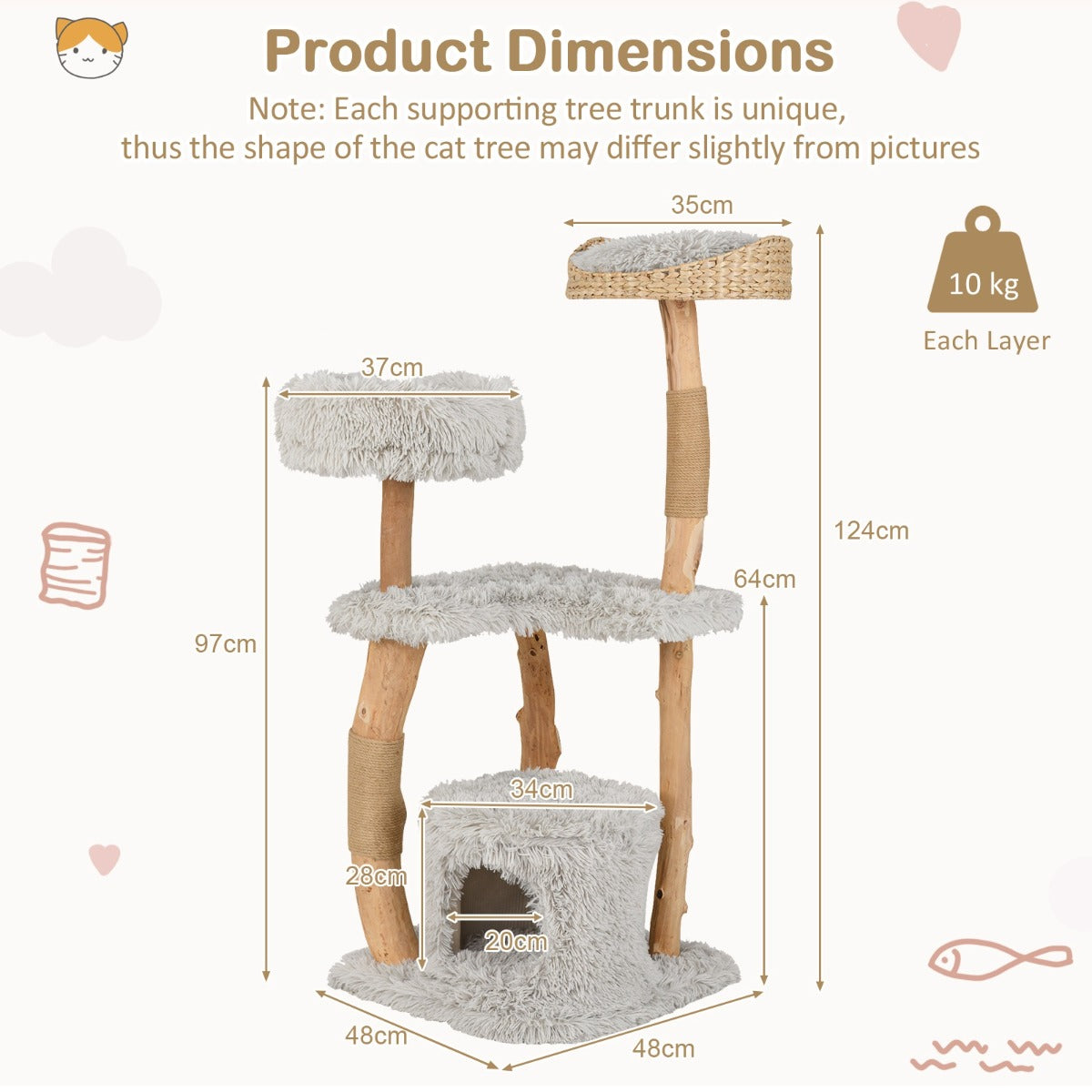 LIVSK Luxe Houten Kattenkrabpaal - 5 Niveaus - Zitplatform - Kattengrot - Duurzaam en Stevig - 48 x 48 x 124 cm - Naturel + Grijs