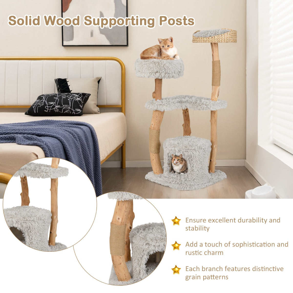 LIVSK Luxe Houten Kattenkrabpaal - 5 Niveaus - Zitplatform - Kattengrot - Duurzaam en Stevig - 48 x 48 x 124 cm - Naturel + Grijs