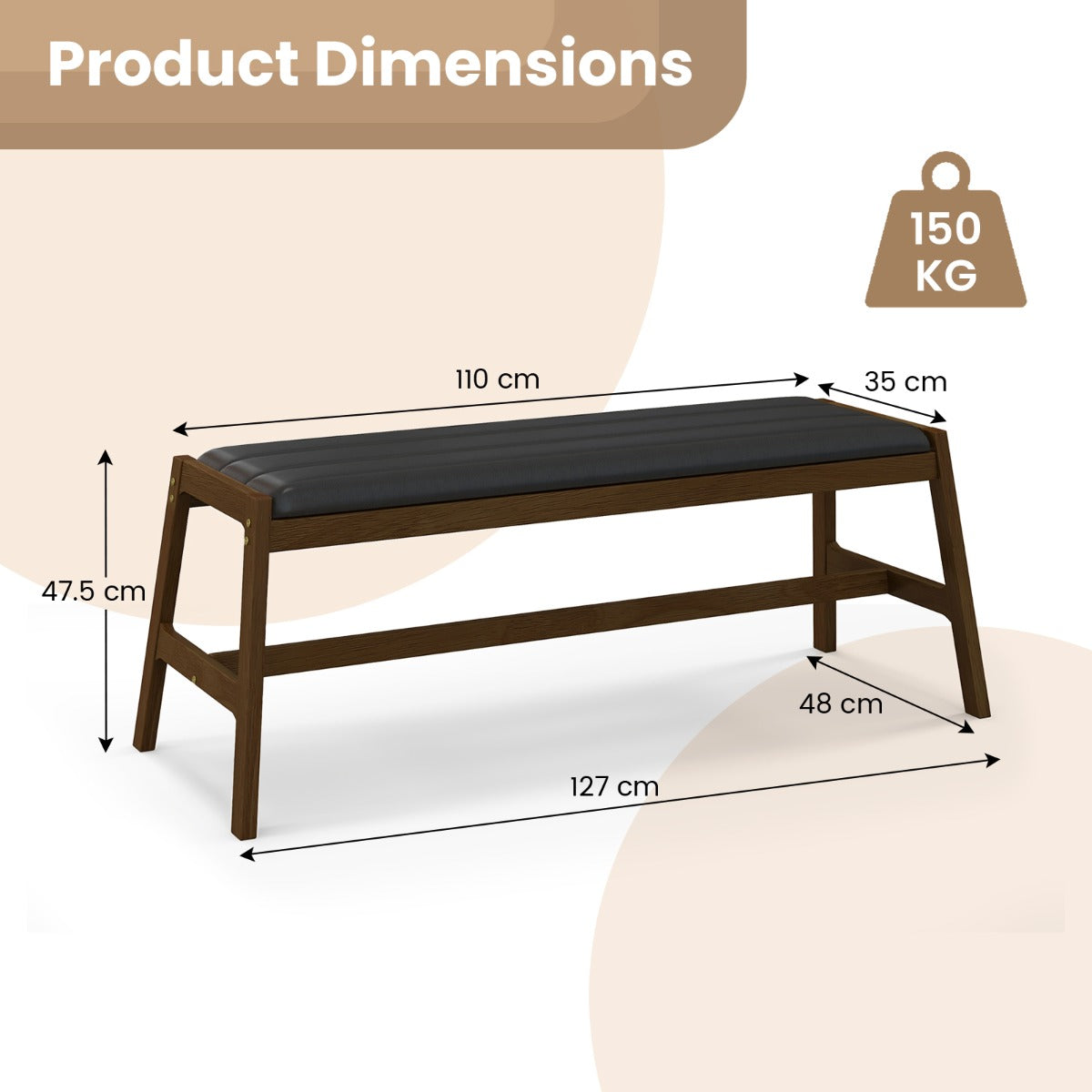 LIVSK Eetbank voor 2 Personen - 100% Hevea Hout - PVC-leren Bekleding - Luxe Zitkussen - Tot 150 kg - Walnoot, Zwart
