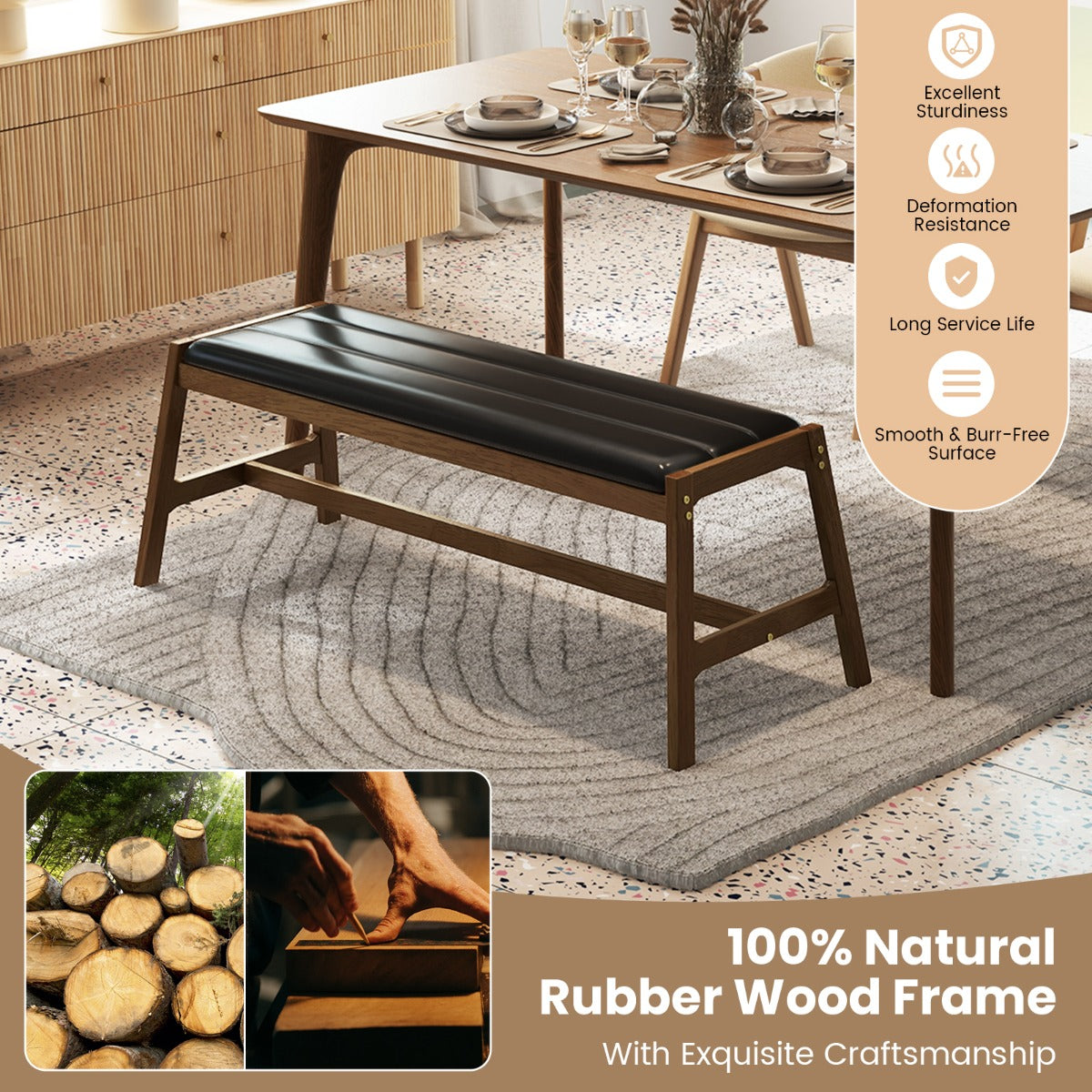 LIVSK Eetbank voor 2 Personen - 100% Hevea Hout - PVC-leren Bekleding - Luxe Zitkussen - Tot 150 kg - Walnoot, Zwart